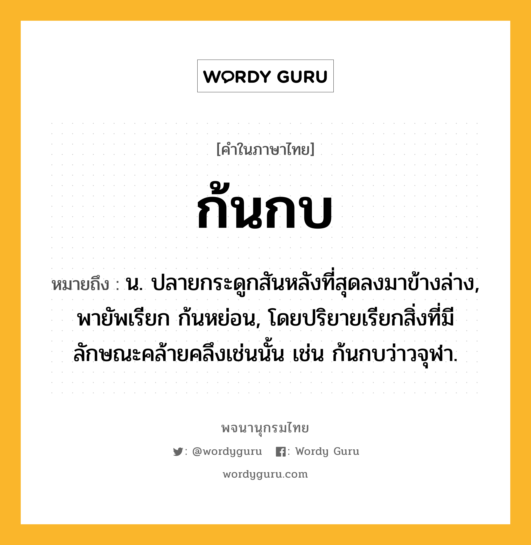 ก้นกบ ความหมาย หมายถึงอะไร?, คำในภาษาไทย ก้นกบ หมายถึง น. ปลายกระดูกสันหลังที่สุดลงมาข้างล่าง, พายัพเรียก ก้นหย่อน, โดยปริยายเรียกสิ่งที่มีลักษณะคล้ายคลึงเช่นนั้น เช่น ก้นกบว่าวจุฬา.