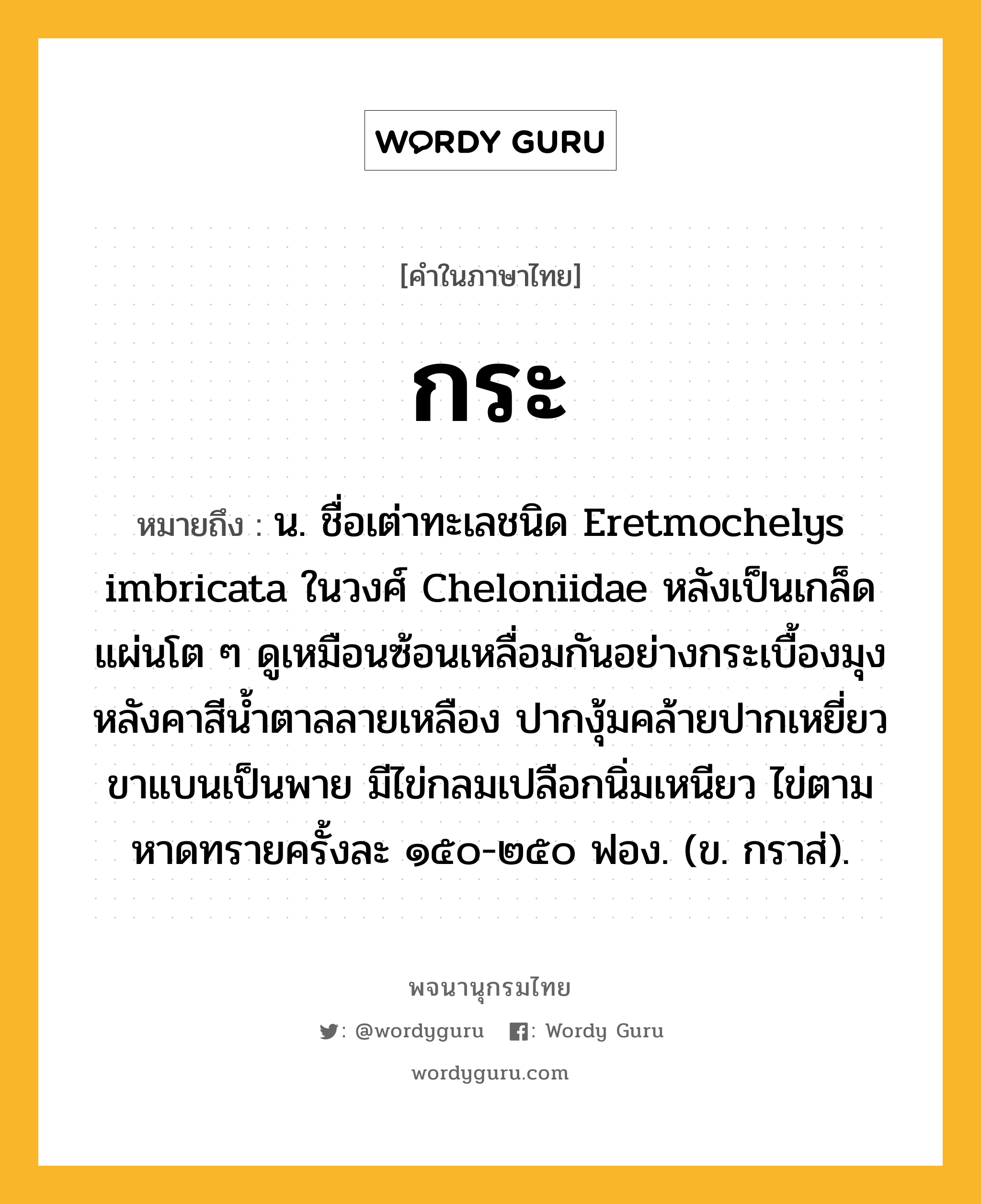 กระ ความหมาย หมายถึงอะไร?, คำในภาษาไทย กระ หมายถึง น. ชื่อเต่าทะเลชนิด Eretmochelys imbricata ในวงศ์ Cheloniidae หลังเป็นเกล็ดแผ่นโต ๆ ดูเหมือนซ้อนเหลื่อมกันอย่างกระเบื้องมุงหลังคาสีนํ้าตาลลายเหลือง ปากงุ้มคล้ายปากเหยี่ยว ขาแบนเป็นพาย มีไข่กลมเปลือกนิ่มเหนียว ไข่ตามหาดทรายครั้งละ ๑๕๐-๒๕๐ ฟอง. (ข. กราส่).