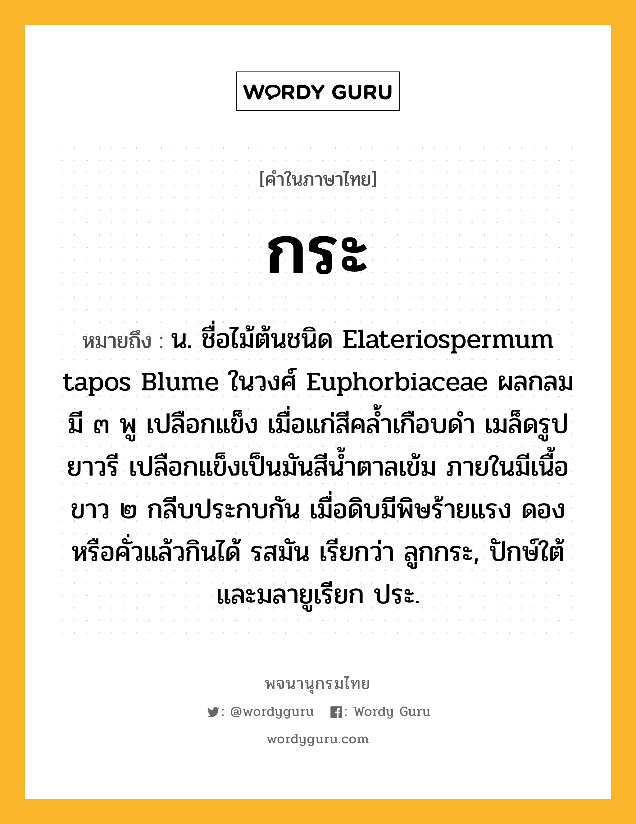 กระ ความหมาย หมายถึงอะไร?, คำในภาษาไทย กระ หมายถึง น. ชื่อไม้ต้นชนิด Elateriospermum tapos Blume ในวงศ์ Euphorbiaceae ผลกลมมี ๓ พู เปลือกแข็ง เมื่อแก่สีคลํ้าเกือบดํา เมล็ดรูปยาวรี เปลือกแข็งเป็นมันสีนํ้าตาลเข้ม ภายในมีเนื้อขาว ๒ กลีบประกบกัน เมื่อดิบมีพิษร้ายแรง ดองหรือคั่วแล้วกินได้ รสมัน เรียกว่า ลูกกระ, ปักษ์ใต้และมลายูเรียก ประ.