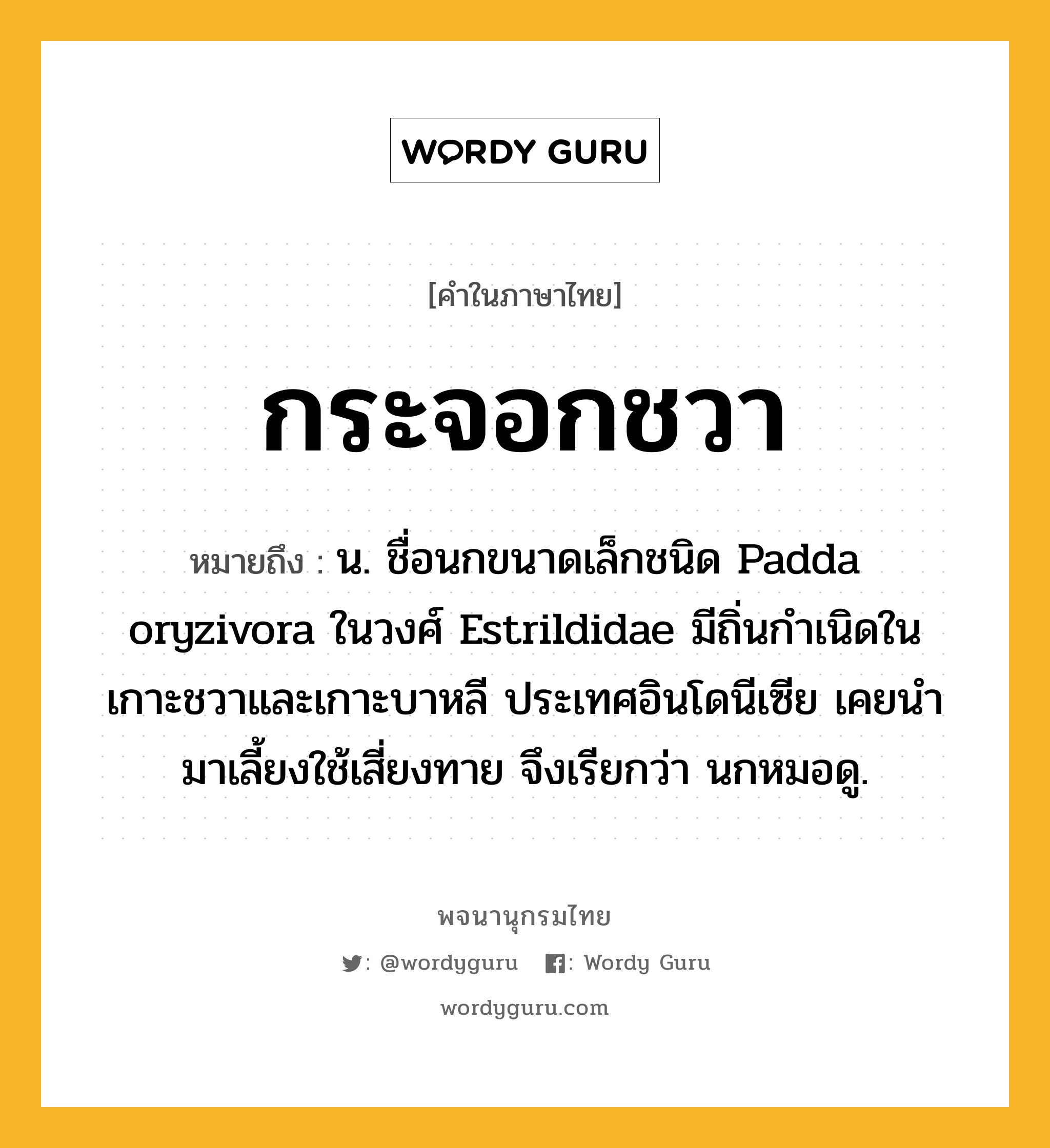 กระจอกชวา ความหมาย หมายถึงอะไร?, คำในภาษาไทย กระจอกชวา หมายถึง น. ชื่อนกขนาดเล็กชนิด Padda oryzivora ในวงศ์ Estrildidae มีถิ่นกําเนิดในเกาะชวาและเกาะบาหลี ประเทศอินโดนีเซีย เคยนํามาเลี้ยงใช้เสี่ยงทาย จึงเรียกว่า นกหมอดู.