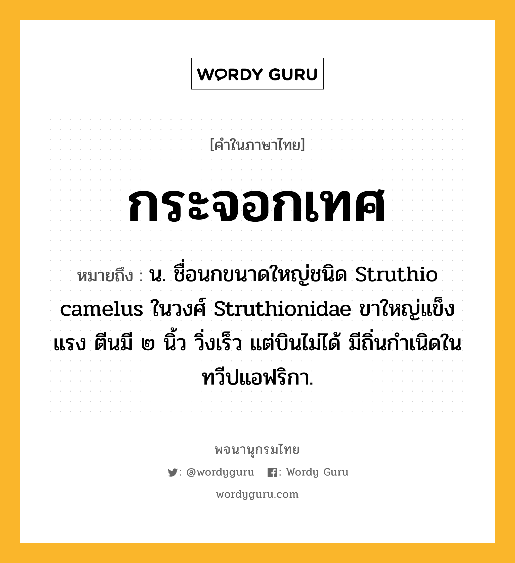 กระจอกเทศ ความหมาย หมายถึงอะไร?, คำในภาษาไทย กระจอกเทศ หมายถึง น. ชื่อนกขนาดใหญ่ชนิด Struthio camelus ในวงศ์ Struthionidae ขาใหญ่แข็งแรง ตีนมี ๒ นิ้ว วิ่งเร็ว แต่บินไม่ได้ มีถิ่นกําเนิดในทวีปแอฟริกา.