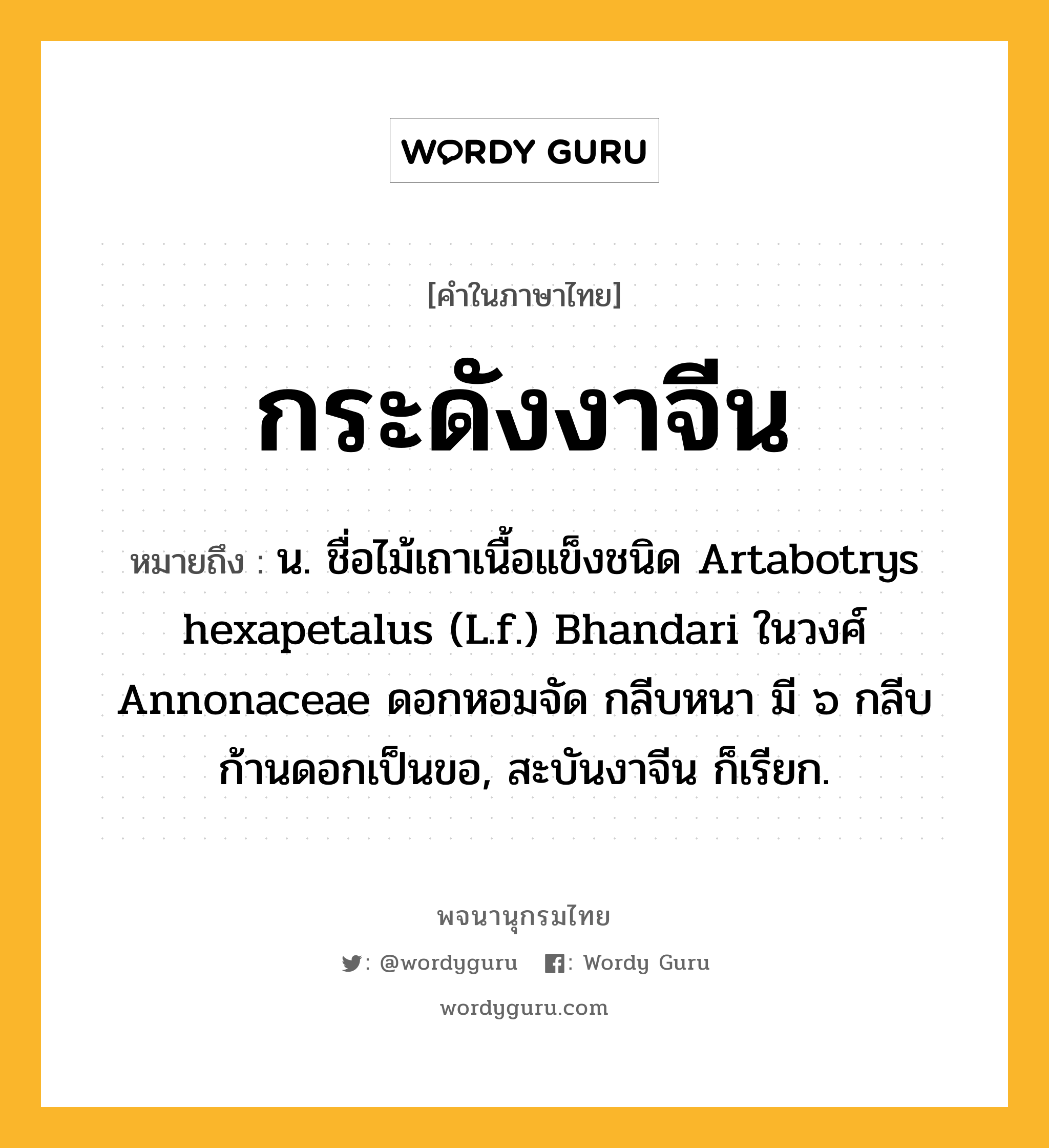 กระดังงาจีน ความหมาย หมายถึงอะไร?, คำในภาษาไทย กระดังงาจีน หมายถึง น. ชื่อไม้เถาเนื้อแข็งชนิด Artabotrys hexapetalus (L.f.) Bhandari ในวงศ์ Annonaceae ดอกหอมจัด กลีบหนา มี ๖ กลีบ ก้านดอกเป็นขอ, สะบันงาจีน ก็เรียก.