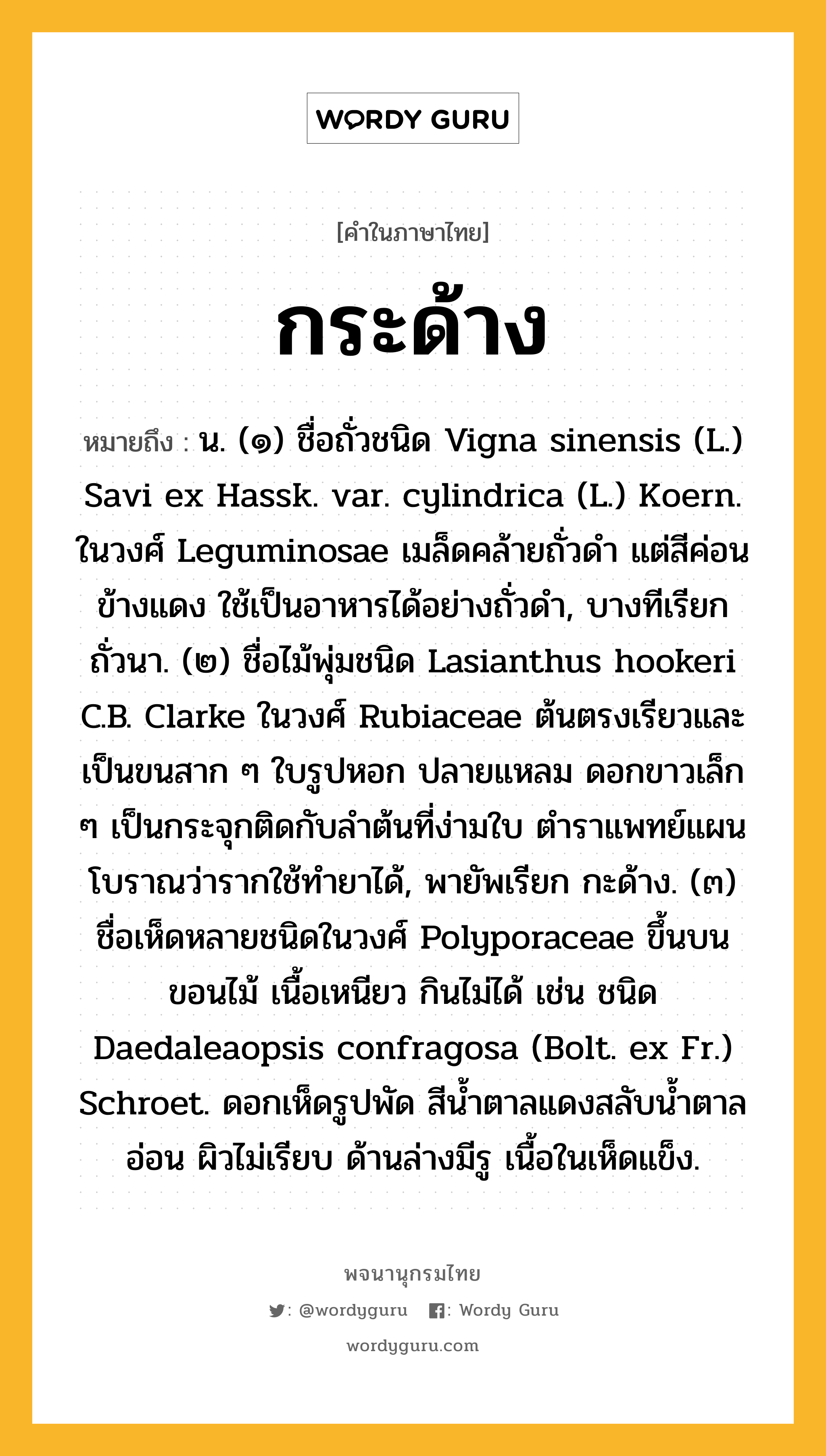 กระด้าง ความหมาย หมายถึงอะไร?, คำในภาษาไทย กระด้าง หมายถึง น. (๑) ชื่อถั่วชนิด Vigna sinensis (L.) Savi ex Hassk. var. cylindrica (L.) Koern. ในวงศ์ Leguminosae เมล็ดคล้ายถั่วดํา แต่สีค่อนข้างแดง ใช้เป็นอาหารได้อย่างถั่วดํา, บางทีเรียก ถั่วนา. (๒) ชื่อไม้พุ่มชนิด Lasianthus hookeri C.B. Clarke ในวงศ์ Rubiaceae ต้นตรงเรียวและเป็นขนสาก ๆ ใบรูปหอก ปลายแหลม ดอกขาวเล็ก ๆ เป็นกระจุกติดกับลําต้นที่ง่ามใบ ตําราแพทย์แผนโบราณว่ารากใช้ทํายาได้, พายัพเรียก กะด้าง. (๓) ชื่อเห็ดหลายชนิดในวงศ์ Polyporaceae ขึ้นบนขอนไม้ เนื้อเหนียว กินไม่ได้ เช่น ชนิด Daedaleaopsis confragosa (Bolt. ex Fr.) Schroet. ดอกเห็ดรูปพัด สีน้ำตาลแดงสลับน้ำตาลอ่อน ผิวไม่เรียบ ด้านล่างมีรู เนื้อในเห็ดแข็ง.