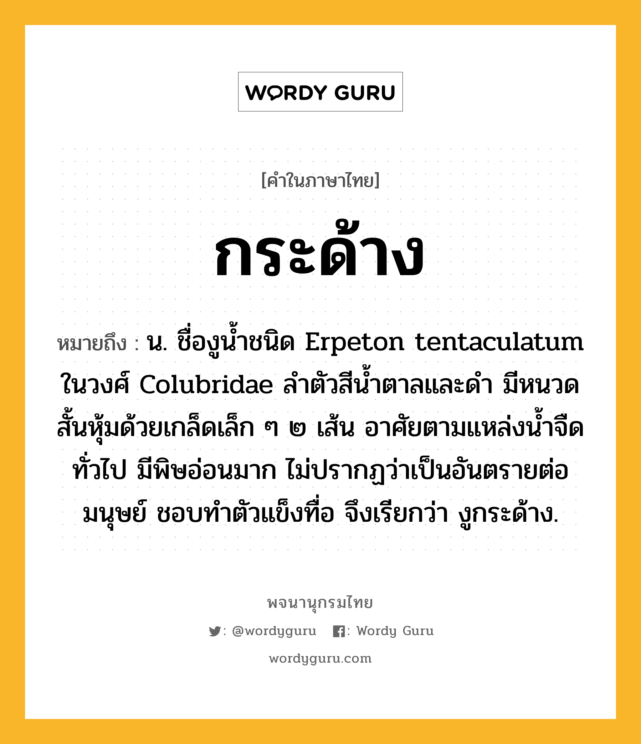 กระด้าง ความหมาย หมายถึงอะไร?, คำในภาษาไทย กระด้าง หมายถึง น. ชื่องูนํ้าชนิด Erpeton tentaculatum ในวงศ์ Colubridae ลําตัวสีนํ้าตาลและดํา มีหนวดสั้นหุ้มด้วยเกล็ดเล็ก ๆ ๒ เส้น อาศัยตามแหล่งนํ้าจืดทั่วไป มีพิษอ่อนมาก ไม่ปรากฏว่าเป็นอันตรายต่อมนุษย์ ชอบทําตัวแข็งทื่อ จึงเรียกว่า งูกระด้าง.