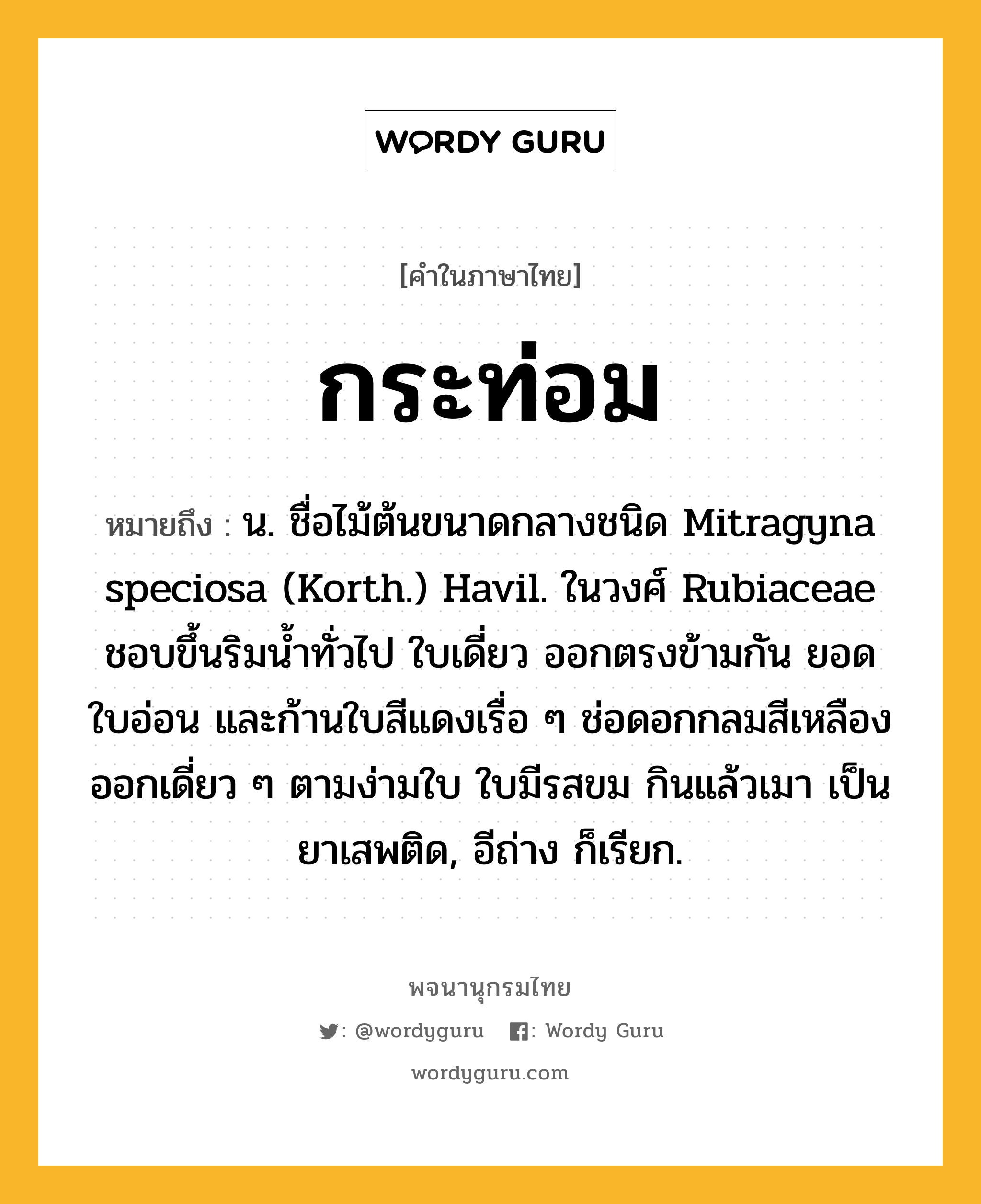 กระท่อม ความหมาย หมายถึงอะไร?, คำในภาษาไทย กระท่อม หมายถึง น. ชื่อไม้ต้นขนาดกลางชนิด Mitragyna speciosa (Korth.) Havil. ในวงศ์ Rubiaceae ชอบขึ้นริมนํ้าทั่วไป ใบเดี่ยว ออกตรงข้ามกัน ยอด ใบอ่อน และก้านใบสีแดงเรื่อ ๆ ช่อดอกกลมสีเหลืองออกเดี่ยว ๆ ตามง่ามใบ ใบมีรสขม กินแล้วเมา เป็นยาเสพติด, อีถ่าง ก็เรียก.