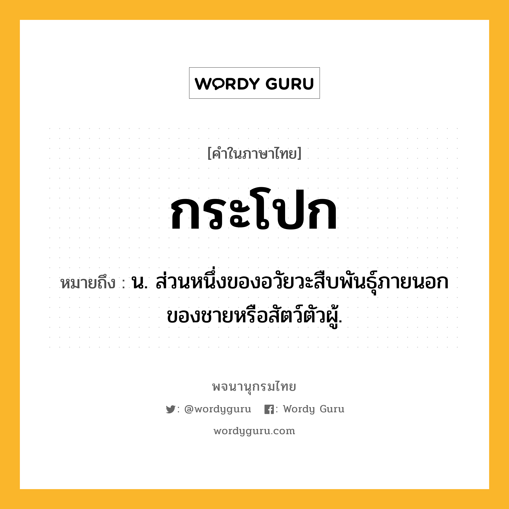 กระโปก ความหมาย หมายถึงอะไร?, คำในภาษาไทย กระโปก หมายถึง น. ส่วนหนึ่งของอวัยวะสืบพันธุ์ภายนอกของชายหรือสัตว์ตัวผู้.