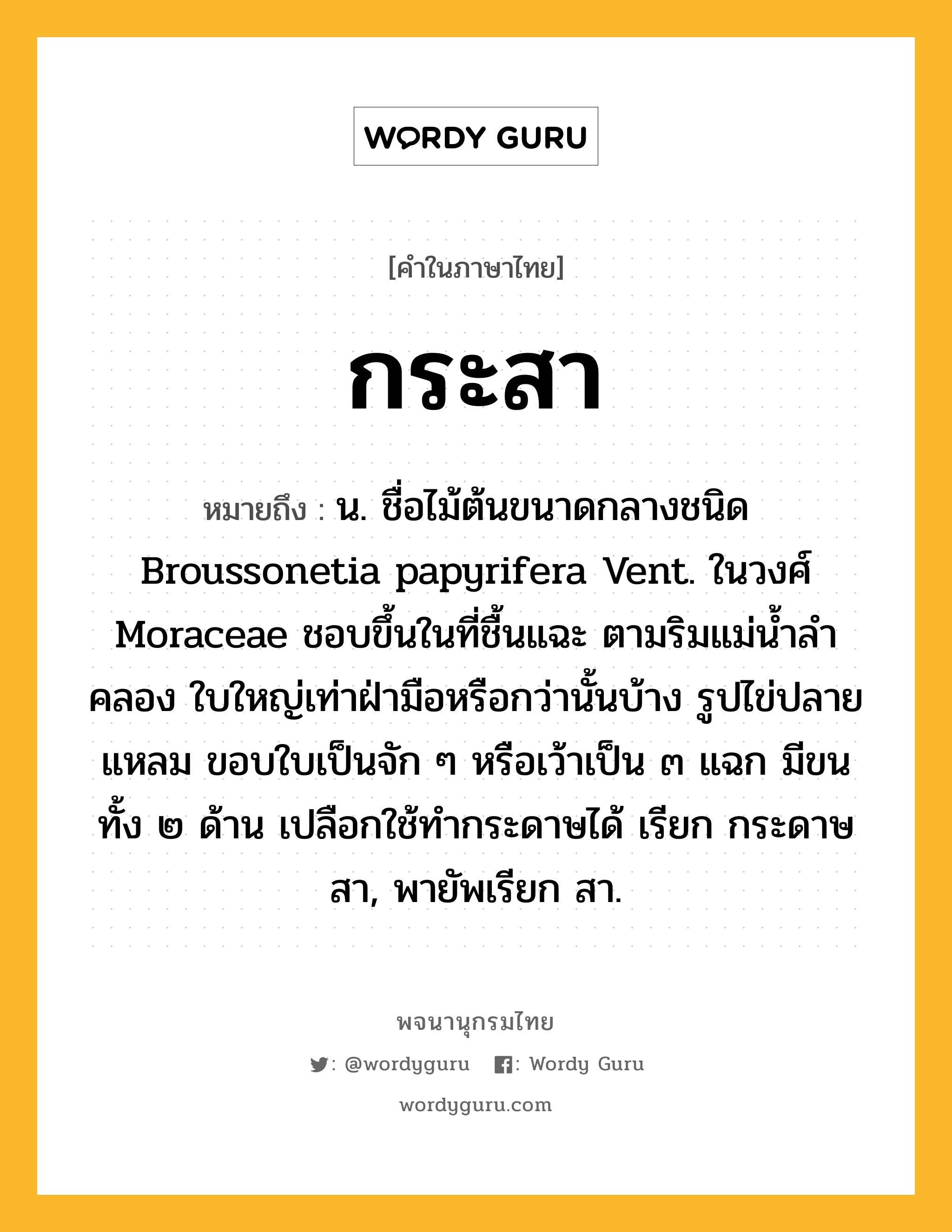 กระสา ความหมาย หมายถึงอะไร?, คำในภาษาไทย กระสา หมายถึง น. ชื่อไม้ต้นขนาดกลางชนิด Broussonetia papyrifera Vent. ในวงศ์ Moraceae ชอบขึ้นในที่ชื้นแฉะ ตามริมแม่นํ้าลําคลอง ใบใหญ่เท่าฝ่ามือหรือกว่านั้นบ้าง รูปไข่ปลายแหลม ขอบใบเป็นจัก ๆ หรือเว้าเป็น ๓ แฉก มีขนทั้ง ๒ ด้าน เปลือกใช้ทํากระดาษได้ เรียก กระดาษสา, พายัพเรียก สา.