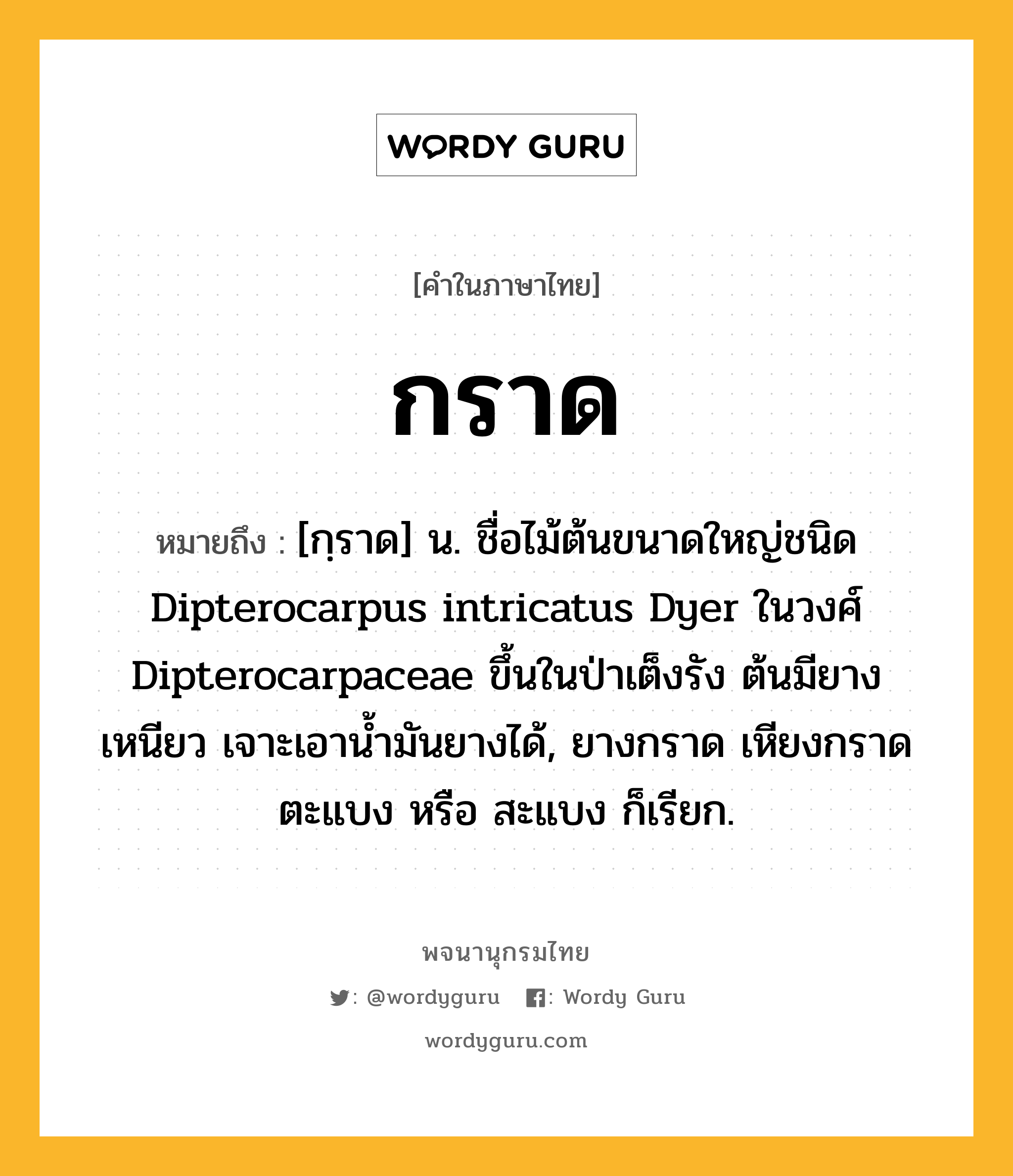 กราด ความหมาย หมายถึงอะไร?, คำในภาษาไทย กราด หมายถึง [กฺราด] น. ชื่อไม้ต้นขนาดใหญ่ชนิด Dipterocarpus intricatus Dyer ในวงศ์ Dipterocarpaceae ขึ้นในป่าเต็งรัง ต้นมียางเหนียว เจาะเอานํ้ามันยางได้, ยางกราด เหียงกราด ตะแบง หรือ สะแบง ก็เรียก.