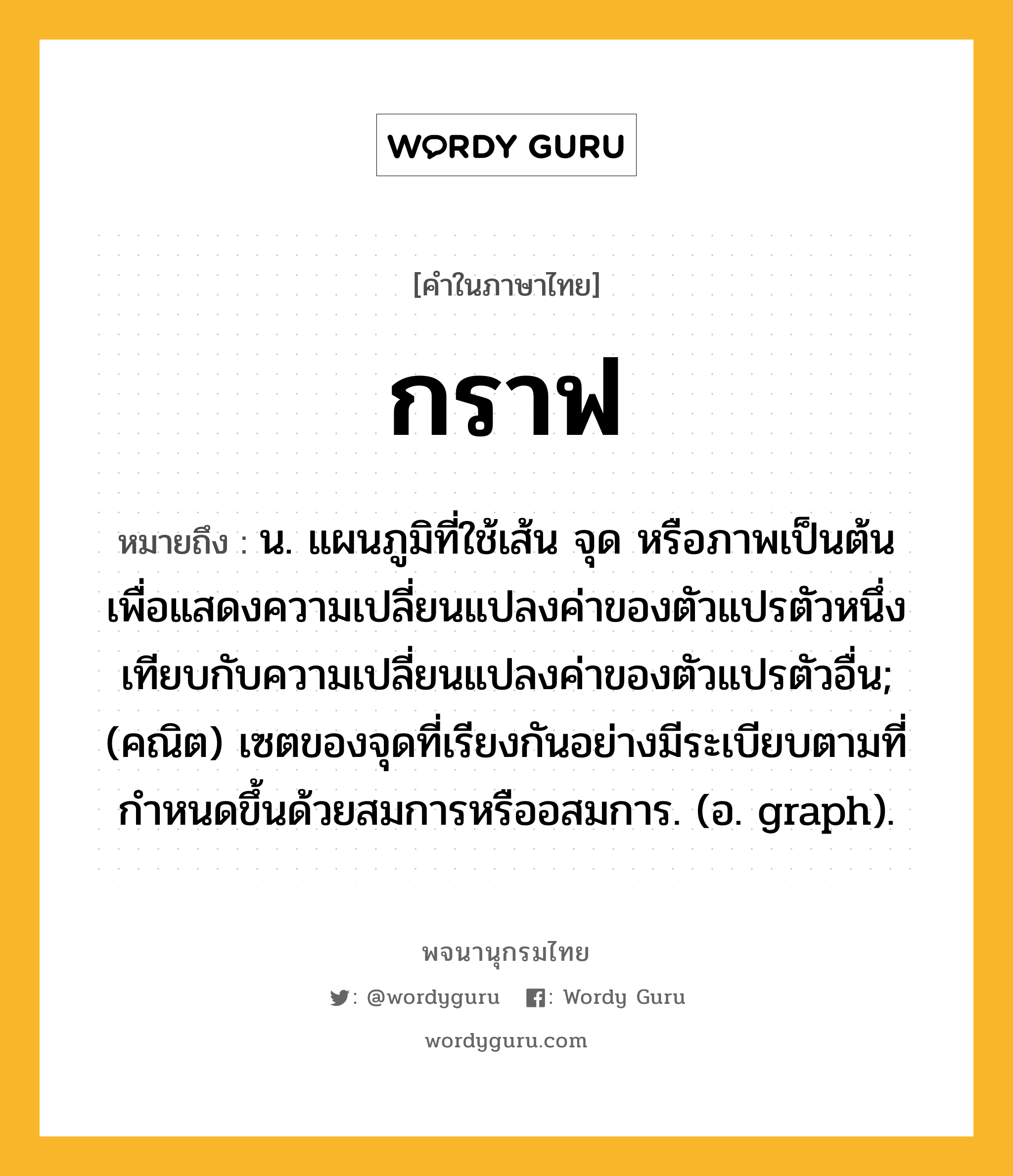 กราฟ ความหมาย หมายถึงอะไร?, คำในภาษาไทย กราฟ หมายถึง น. แผนภูมิที่ใช้เส้น จุด หรือภาพเป็นต้น เพื่อแสดงความเปลี่ยนแปลงค่าของตัวแปรตัวหนึ่งเทียบกับความเปลี่ยนแปลงค่าของตัวแปรตัวอื่น; (คณิต) เซตของจุดที่เรียงกันอย่างมีระเบียบตามที่กําหนดขึ้นด้วยสมการหรืออสมการ. (อ. graph).