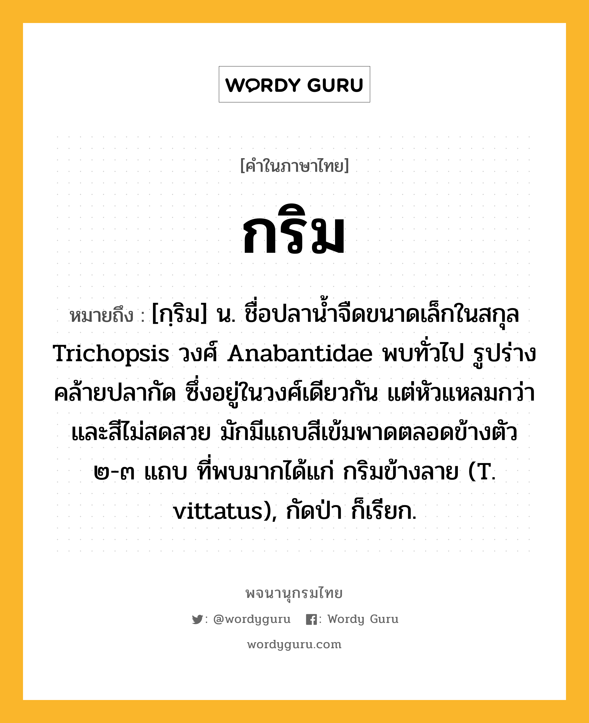 กริม ความหมาย หมายถึงอะไร?, คำในภาษาไทย กริม หมายถึง [กฺริม] น. ชื่อปลานํ้าจืดขนาดเล็กในสกุล Trichopsis วงศ์ Anabantidae พบทั่วไป รูปร่างคล้ายปลากัด ซึ่งอยู่ในวงศ์เดียวกัน แต่หัวแหลมกว่าและสีไม่สดสวย มักมีแถบสีเข้มพาดตลอดข้างตัว ๒-๓ แถบ ที่พบมากได้แก่ กริมข้างลาย (T. vittatus), กัดป่า ก็เรียก.