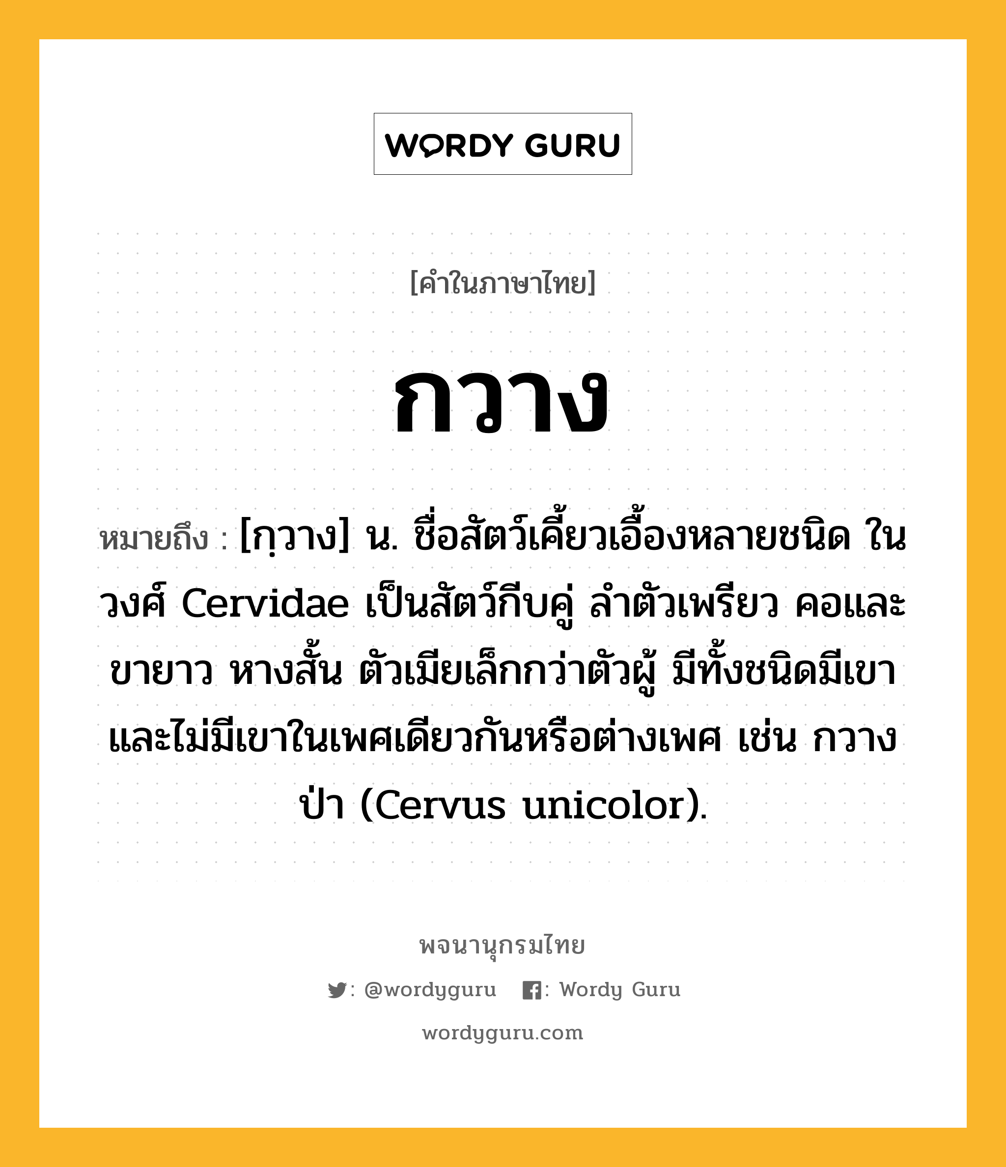 กวาง ความหมาย หมายถึงอะไร?, คำในภาษาไทย กวาง หมายถึง [กฺวาง] น. ชื่อสัตว์เคี้ยวเอื้องหลายชนิด ในวงศ์ Cervidae เป็นสัตว์กีบคู่ ลำตัวเพรียว คอและขายาว หางสั้น ตัวเมียเล็กกว่าตัวผู้ มีทั้งชนิดมีเขาและไม่มีเขาในเพศเดียวกันหรือต่างเพศ เช่น กวางป่า (Cervus unicolor).