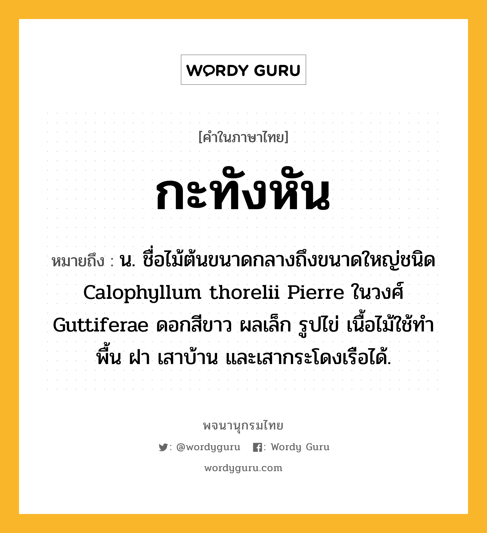 กะทังหัน ความหมาย หมายถึงอะไร?, คำในภาษาไทย กะทังหัน หมายถึง น. ชื่อไม้ต้นขนาดกลางถึงขนาดใหญ่ชนิด Calophyllum thorelii Pierre ในวงศ์ Guttiferae ดอกสีขาว ผลเล็ก รูปไข่ เนื้อไม้ใช้ทําพื้น ฝา เสาบ้าน และเสากระโดงเรือได้.