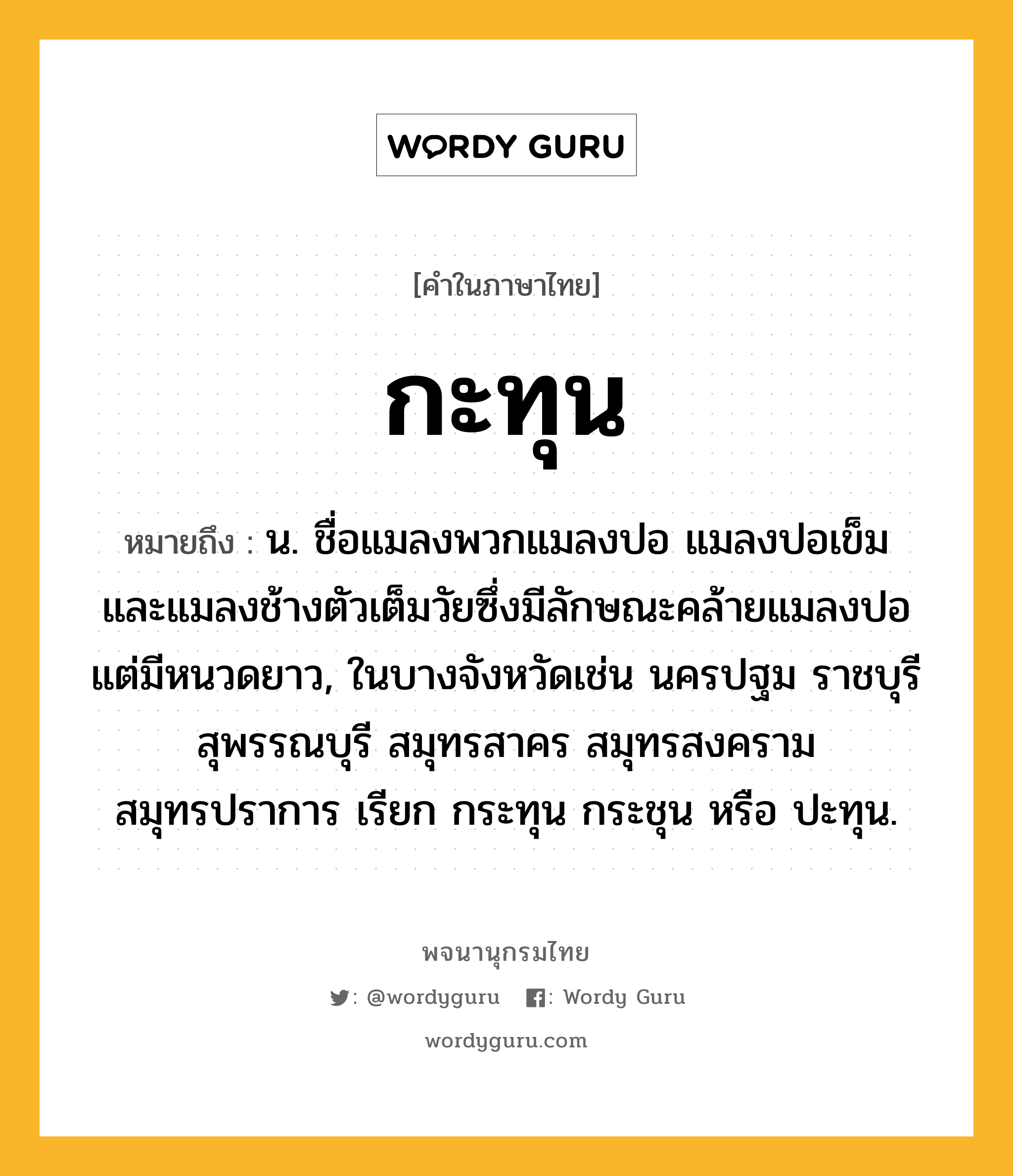 กะทุน ความหมาย หมายถึงอะไร?, คำในภาษาไทย กะทุน หมายถึง น. ชื่อแมลงพวกแมลงปอ แมลงปอเข็ม และแมลงช้างตัวเต็มวัยซึ่งมีลักษณะคล้ายแมลงปอ แต่มีหนวดยาว, ในบางจังหวัดเช่น นครปฐม ราชบุรี สุพรรณบุรี สมุทรสาคร สมุทรสงคราม สมุทรปราการ เรียก กระทุน กระชุน หรือ ปะทุน.