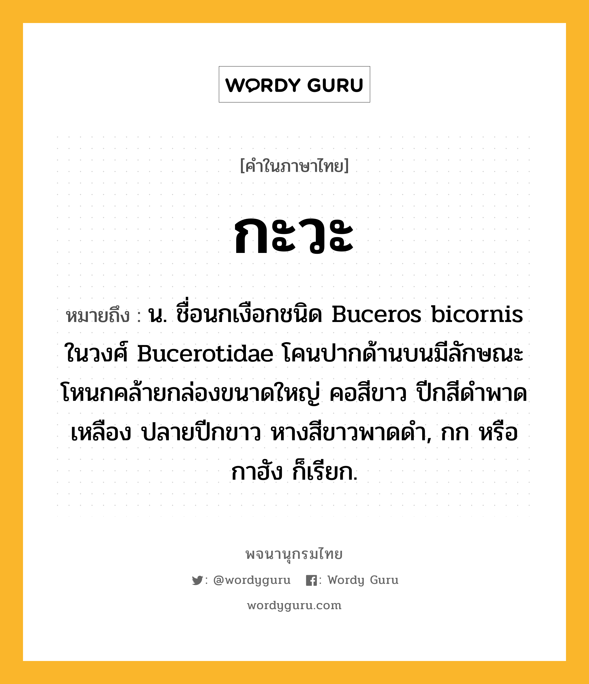 กะวะ ความหมาย หมายถึงอะไร?, คำในภาษาไทย กะวะ หมายถึง น. ชื่อนกเงือกชนิด Buceros bicornis ในวงศ์ Bucerotidae โคนปากด้านบนมีลักษณะโหนกคล้ายกล่องขนาดใหญ่ คอสีขาว ปีกสีดําพาดเหลือง ปลายปีกขาว หางสีขาวพาดดํา, กก หรือ กาฮัง ก็เรียก.