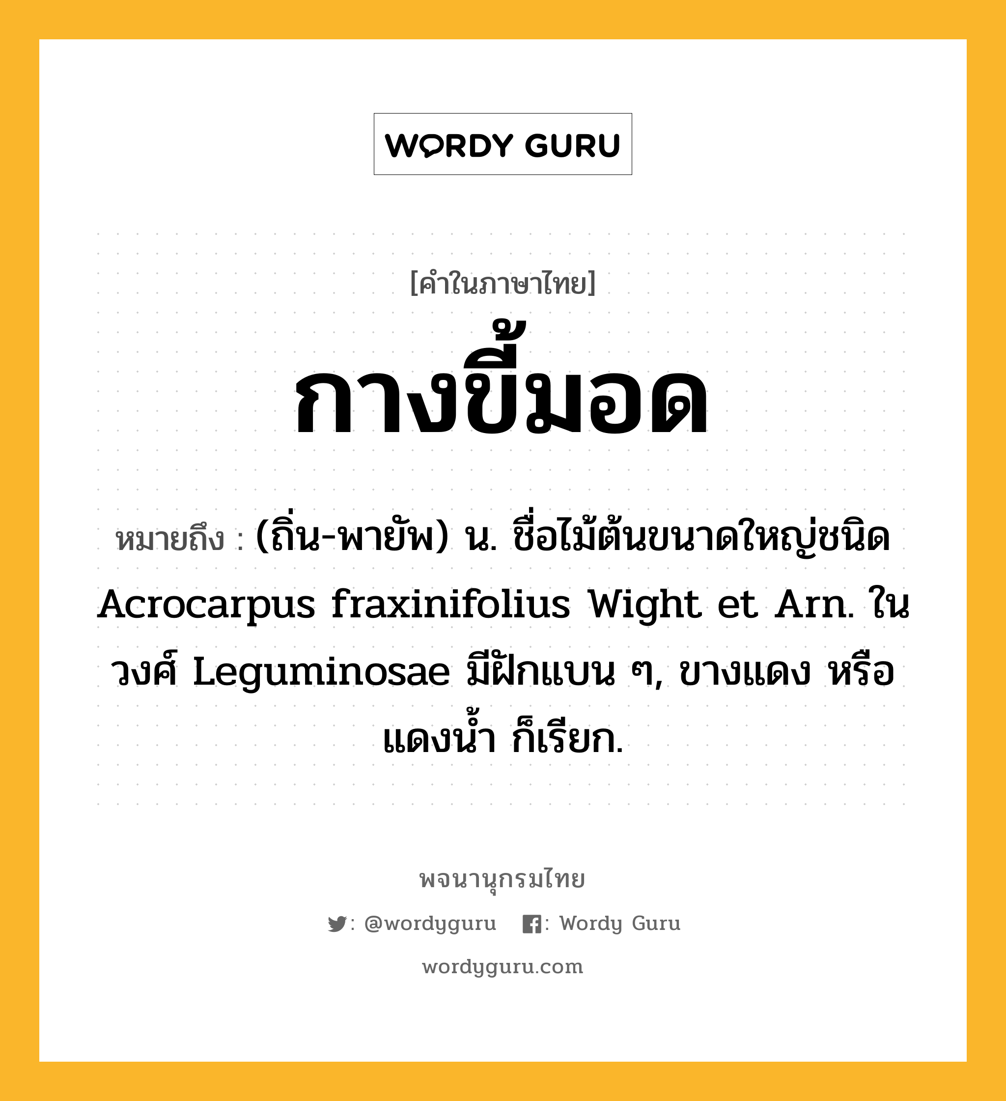 กางขี้มอด ความหมาย หมายถึงอะไร?, คำในภาษาไทย กางขี้มอด หมายถึง (ถิ่น-พายัพ) น. ชื่อไม้ต้นขนาดใหญ่ชนิด Acrocarpus fraxinifolius Wight et Arn. ในวงศ์ Leguminosae มีฝักแบน ๆ, ขางแดง หรือ แดงนํ้า ก็เรียก.