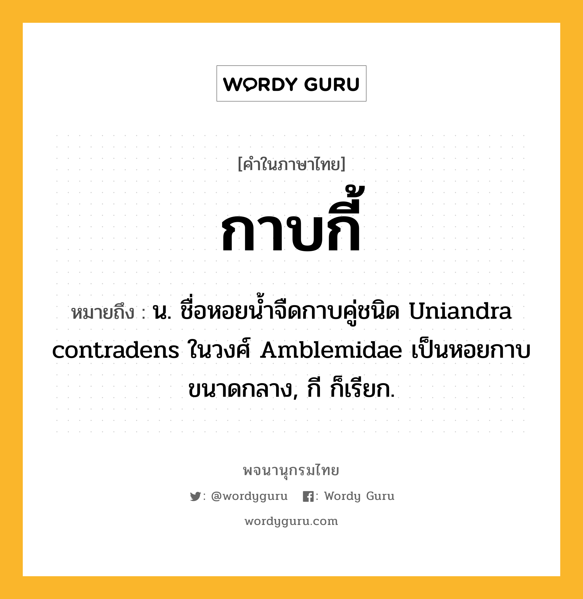 กาบกี้ ความหมาย หมายถึงอะไร?, คำในภาษาไทย กาบกี้ หมายถึง น. ชื่อหอยนํ้าจืดกาบคู่ชนิด Uniandra contradens ในวงศ์ Amblemidae เป็นหอยกาบขนาดกลาง, กี ก็เรียก.