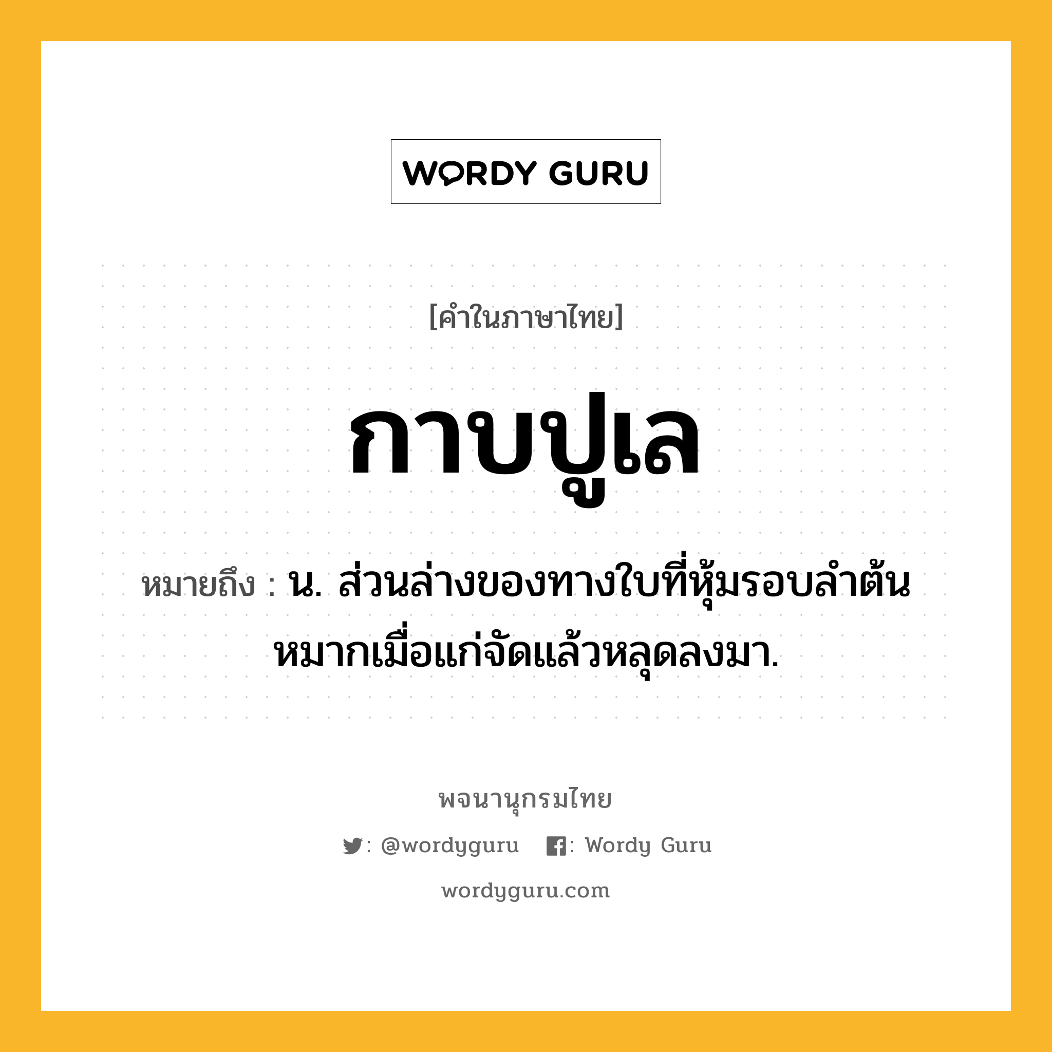 กาบปูเล ความหมาย หมายถึงอะไร?, คำในภาษาไทย กาบปูเล หมายถึง น. ส่วนล่างของทางใบที่หุ้มรอบลําต้นหมากเมื่อแก่จัดแล้วหลุดลงมา.