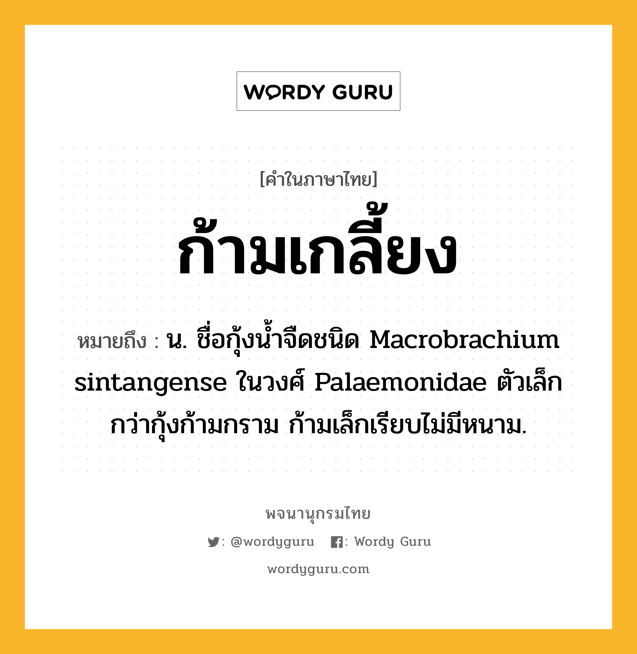 ก้ามเกลี้ยง ความหมาย หมายถึงอะไร?, คำในภาษาไทย ก้ามเกลี้ยง หมายถึง น. ชื่อกุ้งนํ้าจืดชนิด Macrobrachium sintangense ในวงศ์ Palaemonidae ตัวเล็กกว่ากุ้งก้ามกราม ก้ามเล็กเรียบไม่มีหนาม.