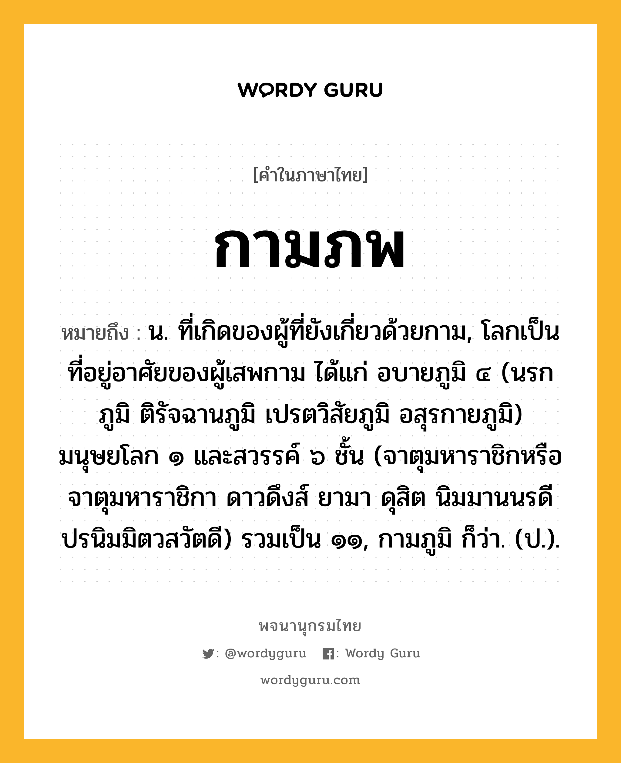 กามภพ ความหมาย หมายถึงอะไร?, คำในภาษาไทย กามภพ หมายถึง น. ที่เกิดของผู้ที่ยังเกี่ยวด้วยกาม, โลกเป็นที่อยู่อาศัยของผู้เสพกาม ได้แก่ อบายภูมิ ๔ (นรกภูมิ ติรัจฉานภูมิ เปรตวิสัยภูมิ อสุรกายภูมิ) มนุษยโลก ๑ และสวรรค์ ๖ ชั้น (จาตุมหาราชิกหรือจาตุมหาราชิกา ดาวดึงส์ ยามา ดุสิต นิมมานนรดี ปรนิมมิตวสวัตดี) รวมเป็น ๑๑, กามภูมิ ก็ว่า. (ป.).