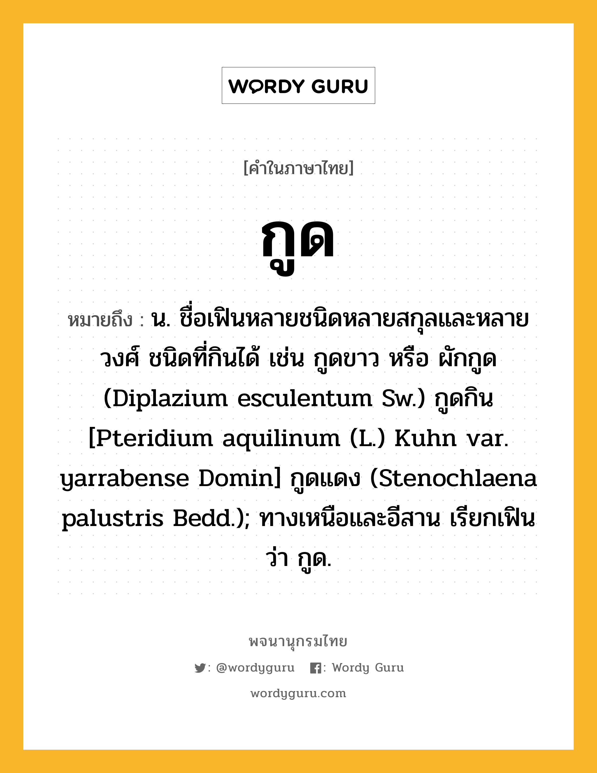 กูด ความหมาย หมายถึงอะไร?, คำในภาษาไทย กูด หมายถึง น. ชื่อเฟินหลายชนิดหลายสกุลและหลายวงศ์ ชนิดที่กินได้ เช่น กูดขาว หรือ ผักกูด (Diplazium esculentum Sw.) กูดกิน [Pteridium aquilinum (L.) Kuhn var. yarrabense Domin] กูดแดง (Stenochlaena palustris Bedd.); ทางเหนือและอีสาน เรียกเฟินว่า กูด.