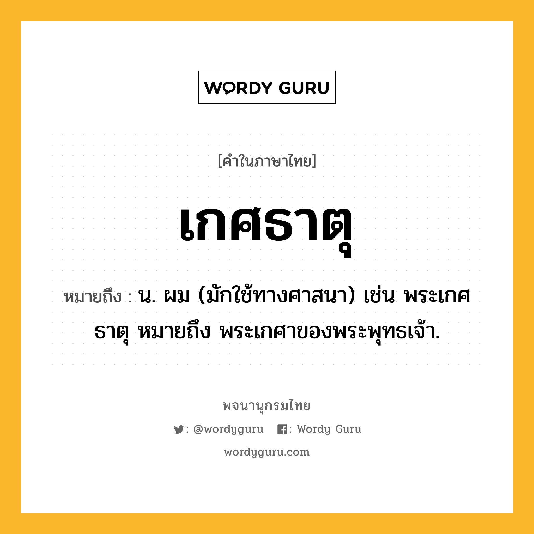 เกศธาตุ ความหมาย หมายถึงอะไร?, คำในภาษาไทย เกศธาตุ หมายถึง น. ผม (มักใช้ทางศาสนา) เช่น พระเกศธาตุ หมายถึง พระเกศาของพระพุทธเจ้า.