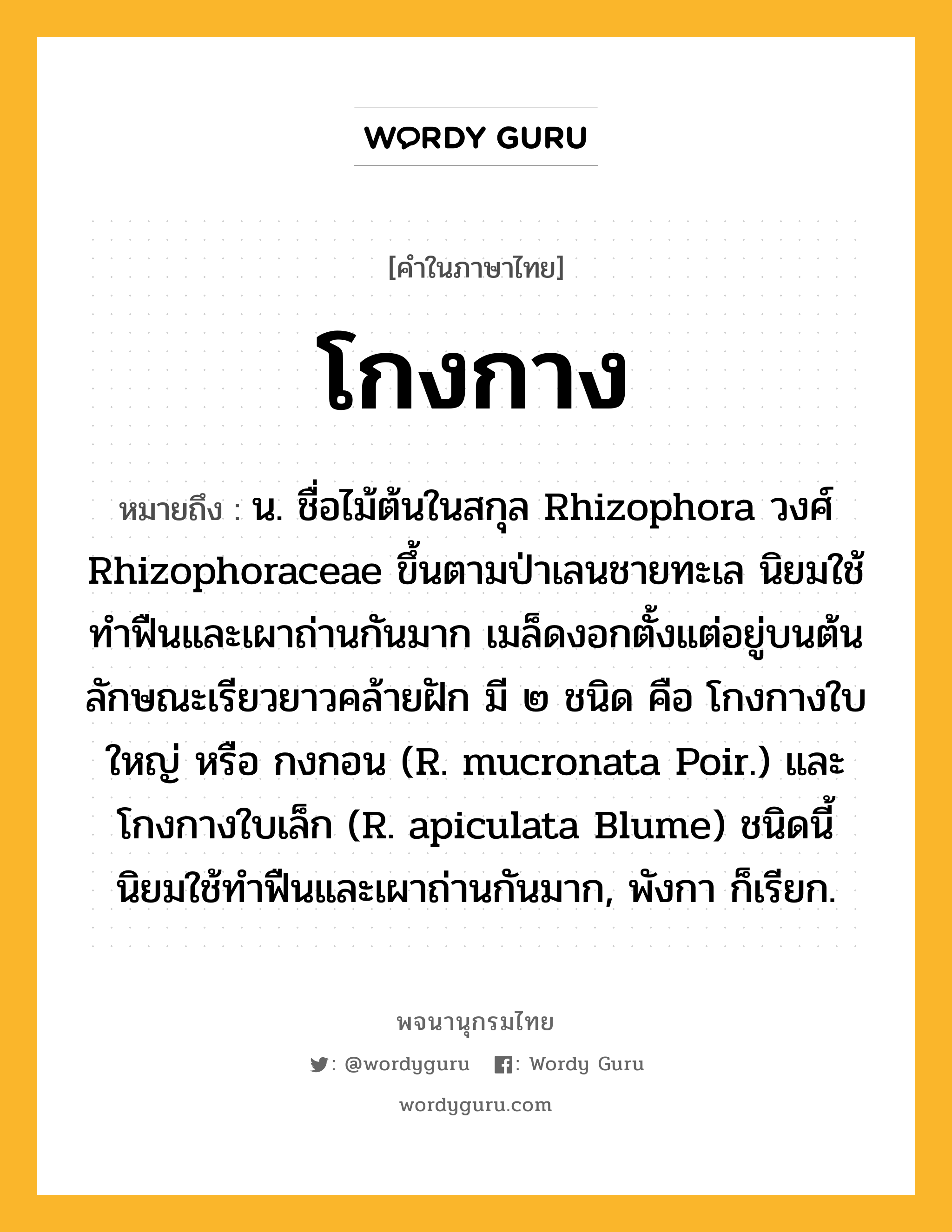 โกงกาง ความหมาย หมายถึงอะไร?, คำในภาษาไทย โกงกาง หมายถึง น. ชื่อไม้ต้นในสกุล Rhizophora วงศ์ Rhizophoraceae ขึ้นตามป่าเลนชายทะเล นิยมใช้ทําฟืนและเผาถ่านกันมาก เมล็ดงอกตั้งแต่อยู่บนต้น ลักษณะเรียวยาวคล้ายฝัก มี ๒ ชนิด คือ โกงกางใบใหญ่ หรือ กงกอน (R. mucronata Poir.) และ โกงกางใบเล็ก (R. apiculata Blume) ชนิดนี้นิยมใช้ทำฟืนและเผาถ่านกันมาก, พังกา ก็เรียก.