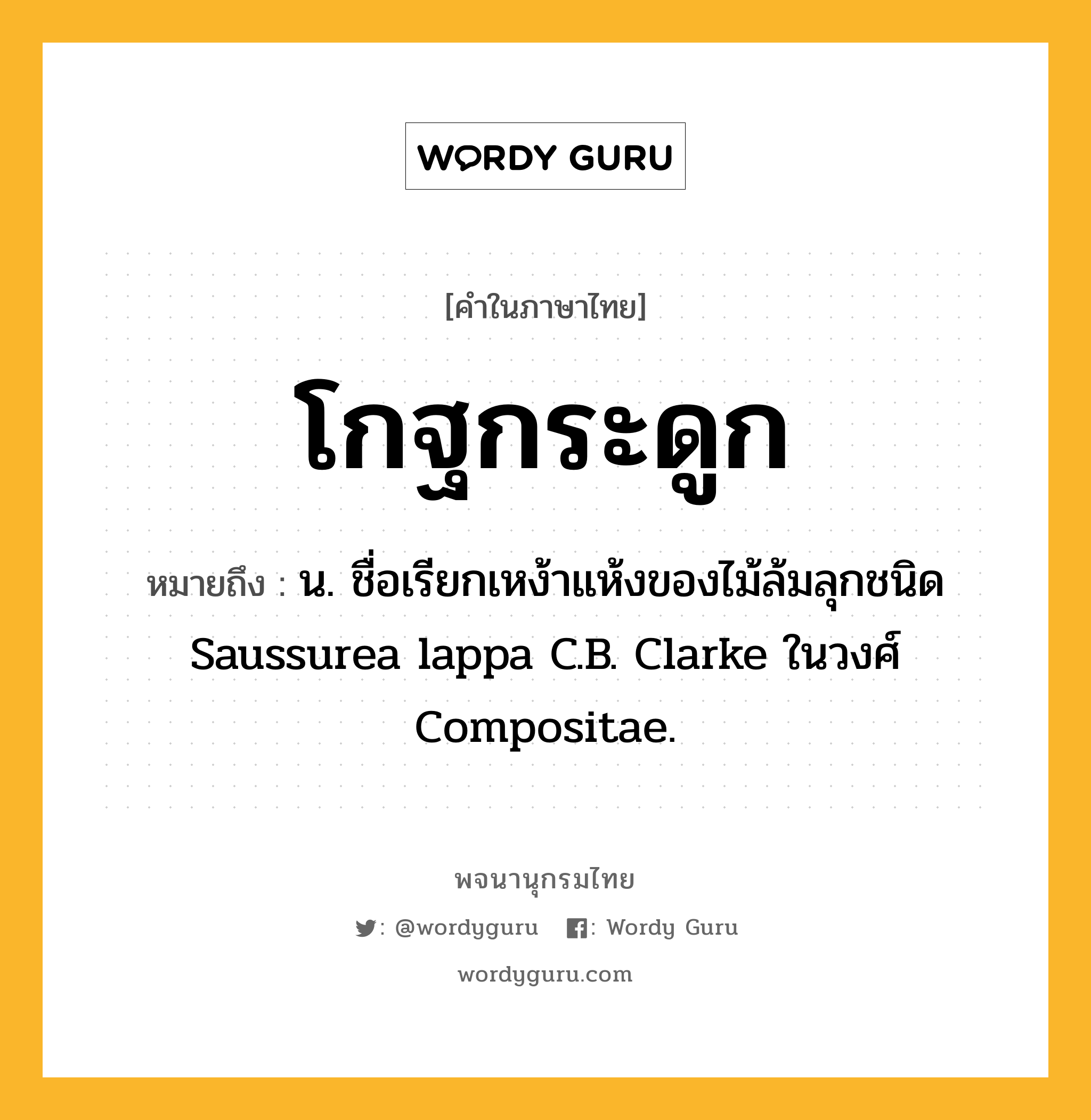 โกฐกระดูก ความหมาย หมายถึงอะไร?, คำในภาษาไทย โกฐกระดูก หมายถึง น. ชื่อเรียกเหง้าแห้งของไม้ล้มลุกชนิด Saussurea lappa C.B. Clarke ในวงศ์ Compositae.