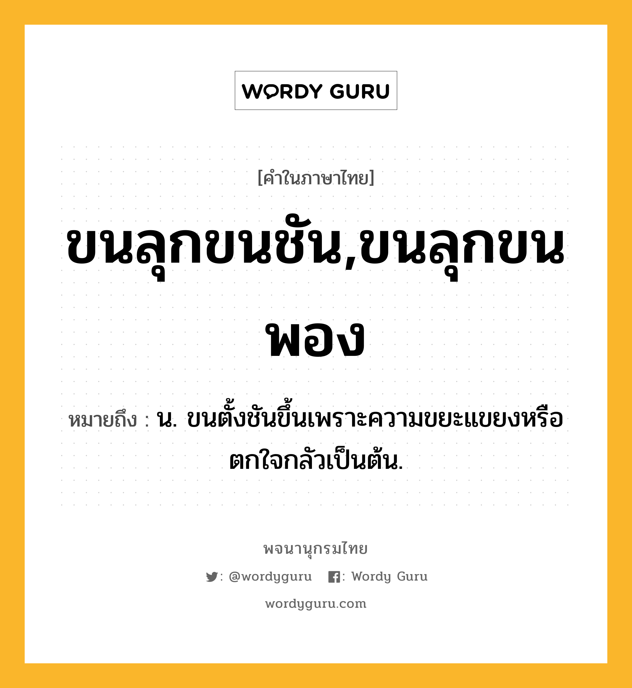 ขนลุกขนชัน,ขนลุกขนพอง ความหมาย หมายถึงอะไร?, คำในภาษาไทย ขนลุกขนชัน,ขนลุกขนพอง หมายถึง น. ขนตั้งชันขึ้นเพราะความขยะแขยงหรือตกใจกลัวเป็นต้น.