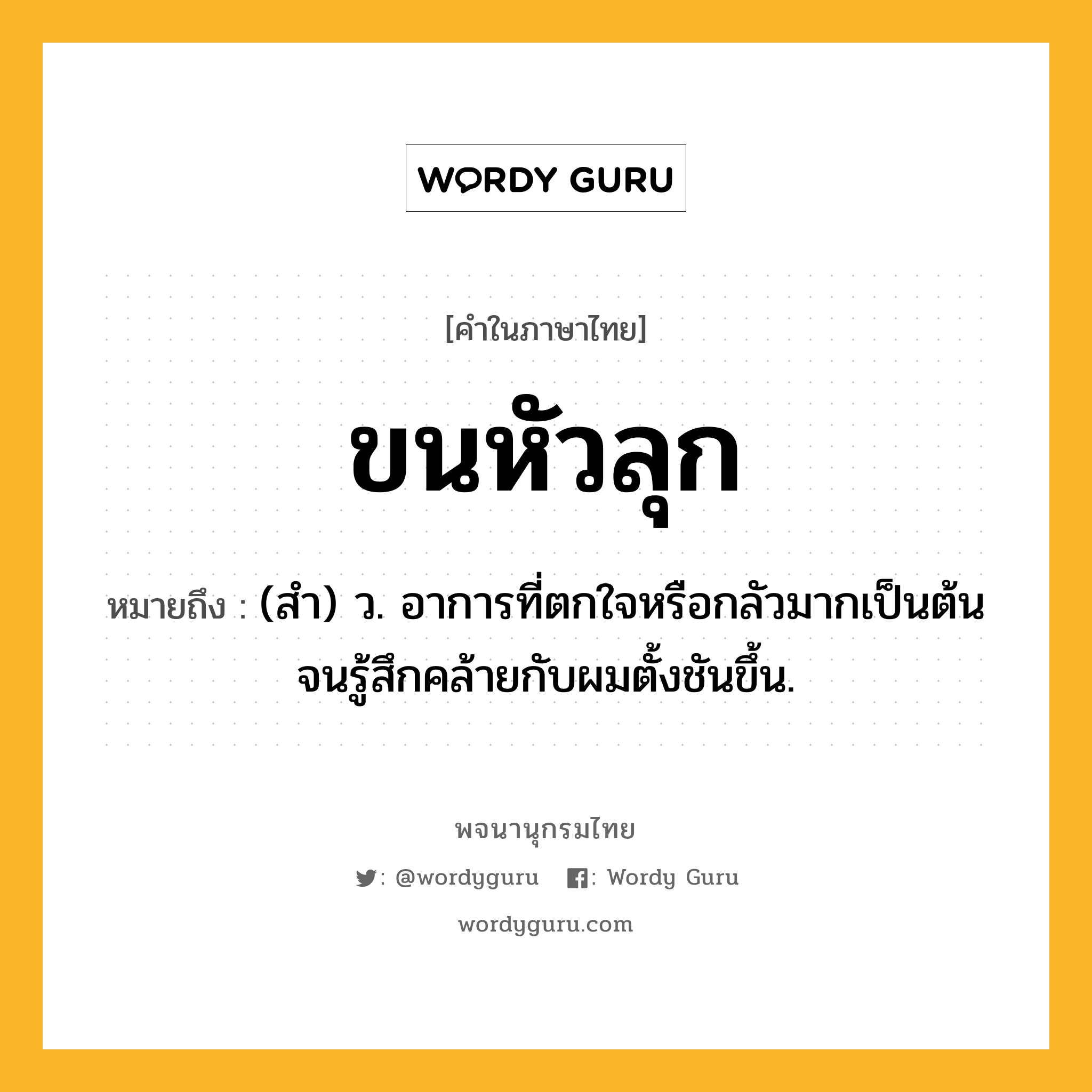 ขนหัวลุก ความหมาย หมายถึงอะไร?, คำในภาษาไทย ขนหัวลุก หมายถึง (สำ) ว. อาการที่ตกใจหรือกลัวมากเป็นต้นจนรู้สึกคล้ายกับผมตั้งชันขึ้น.