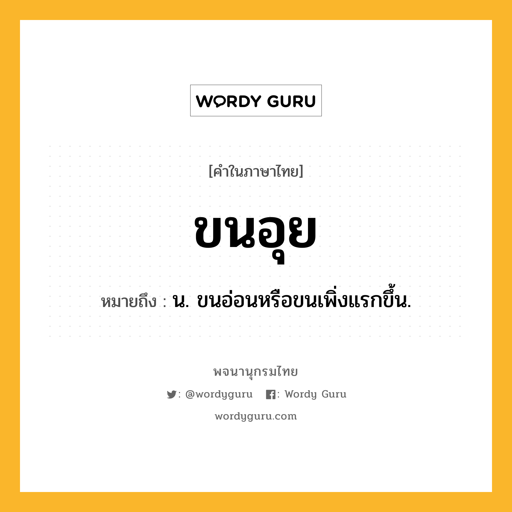 ขนอุย ความหมาย หมายถึงอะไร?, คำในภาษาไทย ขนอุย หมายถึง น. ขนอ่อนหรือขนเพิ่งแรกขึ้น.