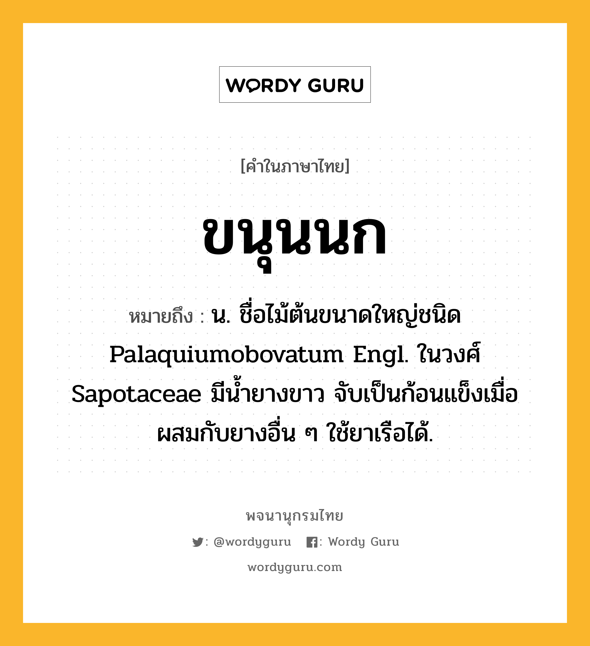 ขนุนนก ความหมาย หมายถึงอะไร?, คำในภาษาไทย ขนุนนก หมายถึง น. ชื่อไม้ต้นขนาดใหญ่ชนิด Palaquiumobovatum Engl. ในวงศ์ Sapotaceae มีนํ้ายางขาว จับเป็นก้อนแข็งเมื่อผสมกับยางอื่น ๆ ใช้ยาเรือได้.