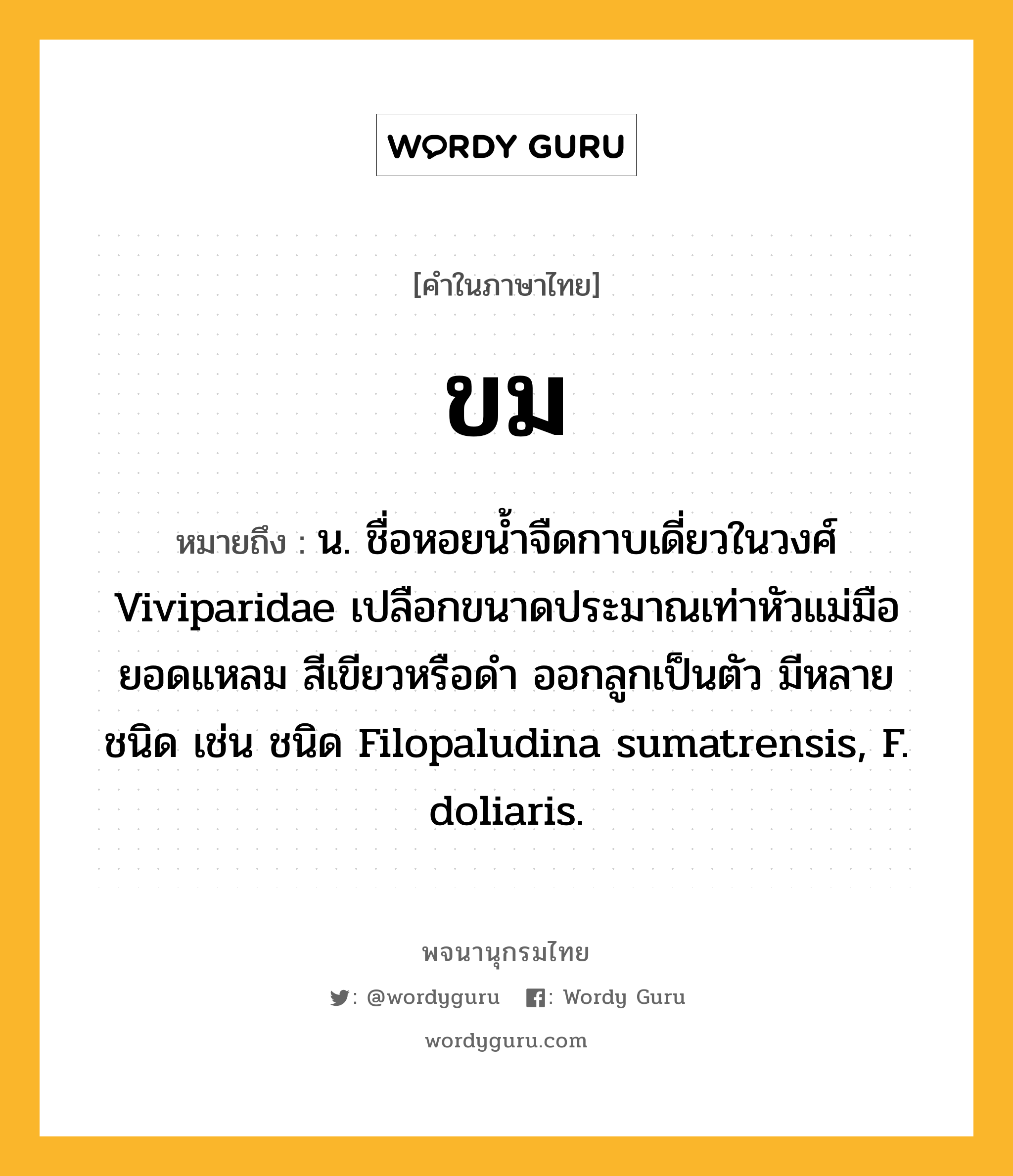 ขม ความหมาย หมายถึงอะไร?, คำในภาษาไทย ขม หมายถึง น. ชื่อหอยนํ้าจืดกาบเดี่ยวในวงศ์ Viviparidae เปลือกขนาดประมาณเท่าหัวแม่มือ ยอดแหลม สีเขียวหรือดํา ออกลูกเป็นตัว มีหลายชนิด เช่น ชนิด Filopaludina sumatrensis, F. doliaris.