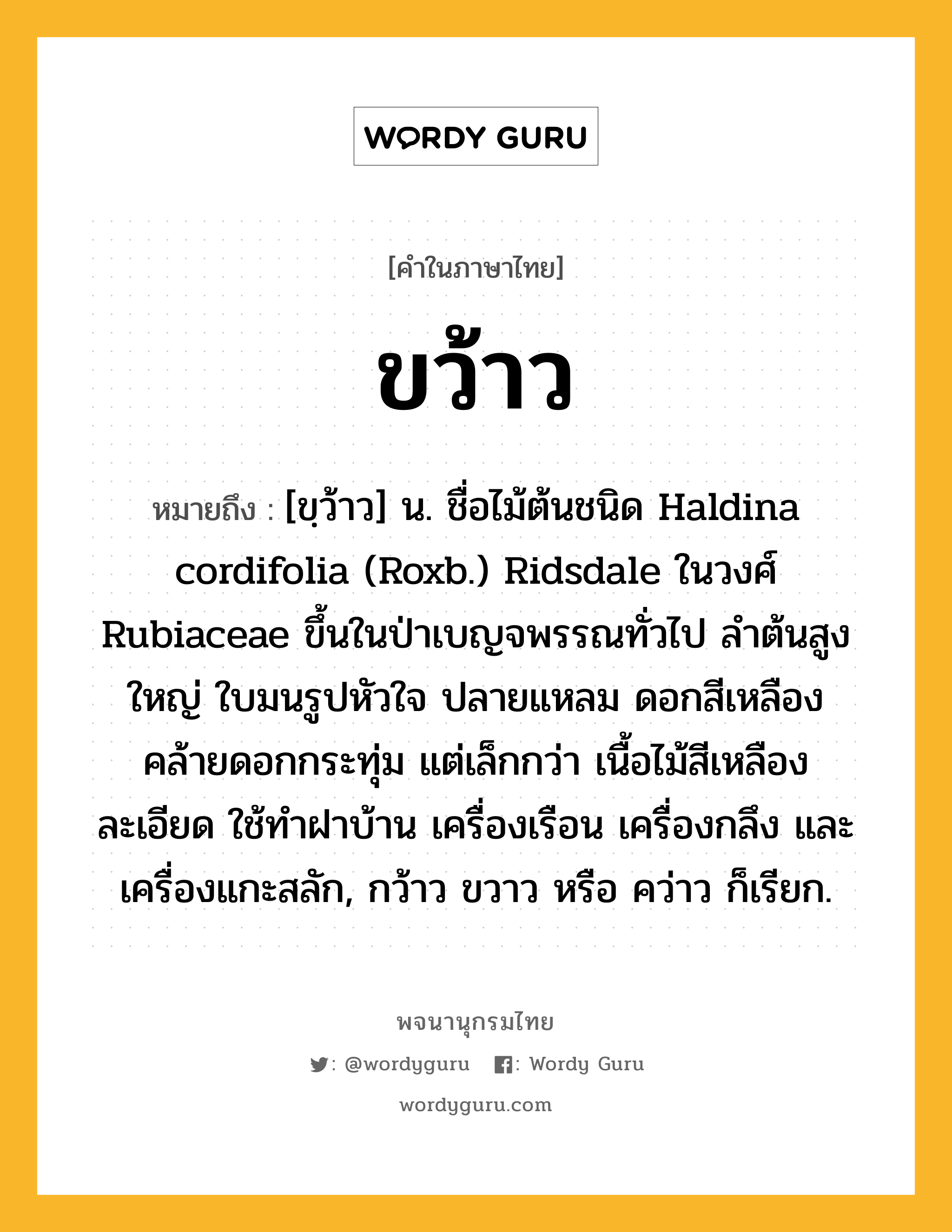 ขว้าว ความหมาย หมายถึงอะไร?, คำในภาษาไทย ขว้าว หมายถึง [ขฺว้าว] น. ชื่อไม้ต้นชนิด Haldina cordifolia (Roxb.) Ridsdale ในวงศ์ Rubiaceae ขึ้นในป่าเบญจพรรณทั่วไป ลําต้นสูงใหญ่ ใบมนรูปหัวใจ ปลายแหลม ดอกสีเหลือง คล้ายดอกกระทุ่ม แต่เล็กกว่า เนื้อไม้สีเหลือง ละเอียด ใช้ทําฝาบ้าน เครื่องเรือน เครื่องกลึง และเครื่องแกะสลัก, กว้าว ขวาว หรือ คว่าว ก็เรียก.