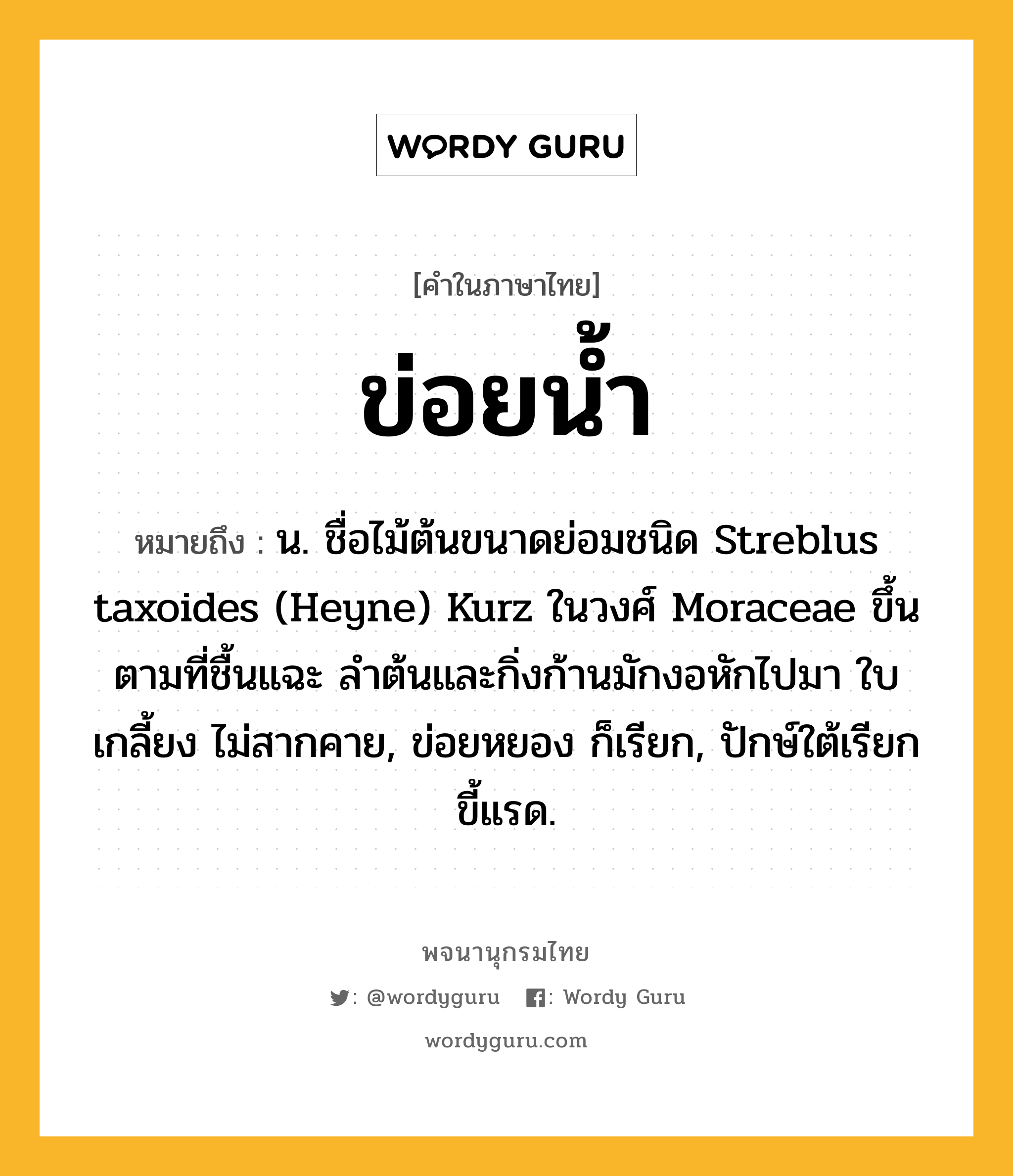 ข่อยน้ำ ความหมาย หมายถึงอะไร?, คำในภาษาไทย ข่อยน้ำ หมายถึง น. ชื่อไม้ต้นขนาดย่อมชนิด Streblus taxoides (Heyne) Kurz ในวงศ์ Moraceae ขึ้นตามที่ชื้นแฉะ ลําต้นและกิ่งก้านมักงอหักไปมา ใบเกลี้ยง ไม่สากคาย, ข่อยหยอง ก็เรียก, ปักษ์ใต้เรียก ขี้แรด.