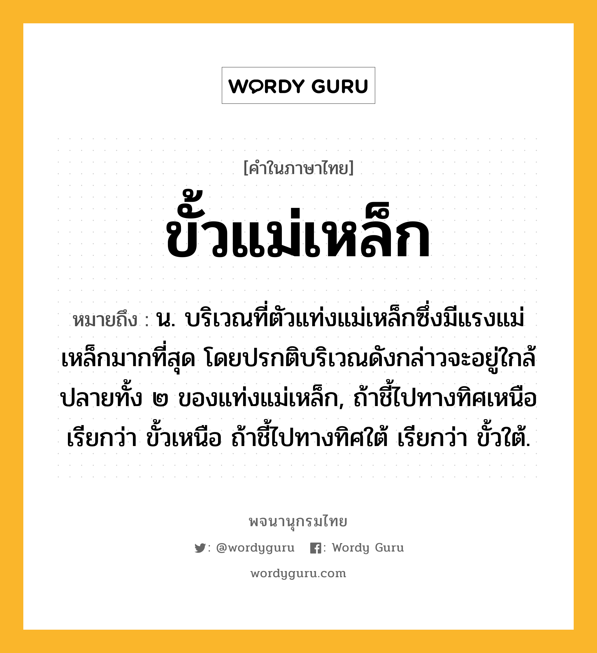 ขั้วแม่เหล็ก ความหมาย หมายถึงอะไร?, คำในภาษาไทย ขั้วแม่เหล็ก หมายถึง น. บริเวณที่ตัวแท่งแม่เหล็กซึ่งมีแรงแม่เหล็กมากที่สุด โดยปรกติบริเวณดังกล่าวจะอยู่ใกล้ปลายทั้ง ๒ ของแท่งแม่เหล็ก, ถ้าชี้ไปทางทิศเหนือ เรียกว่า ขั้วเหนือ ถ้าชี้ไปทางทิศใต้ เรียกว่า ขั้วใต้.