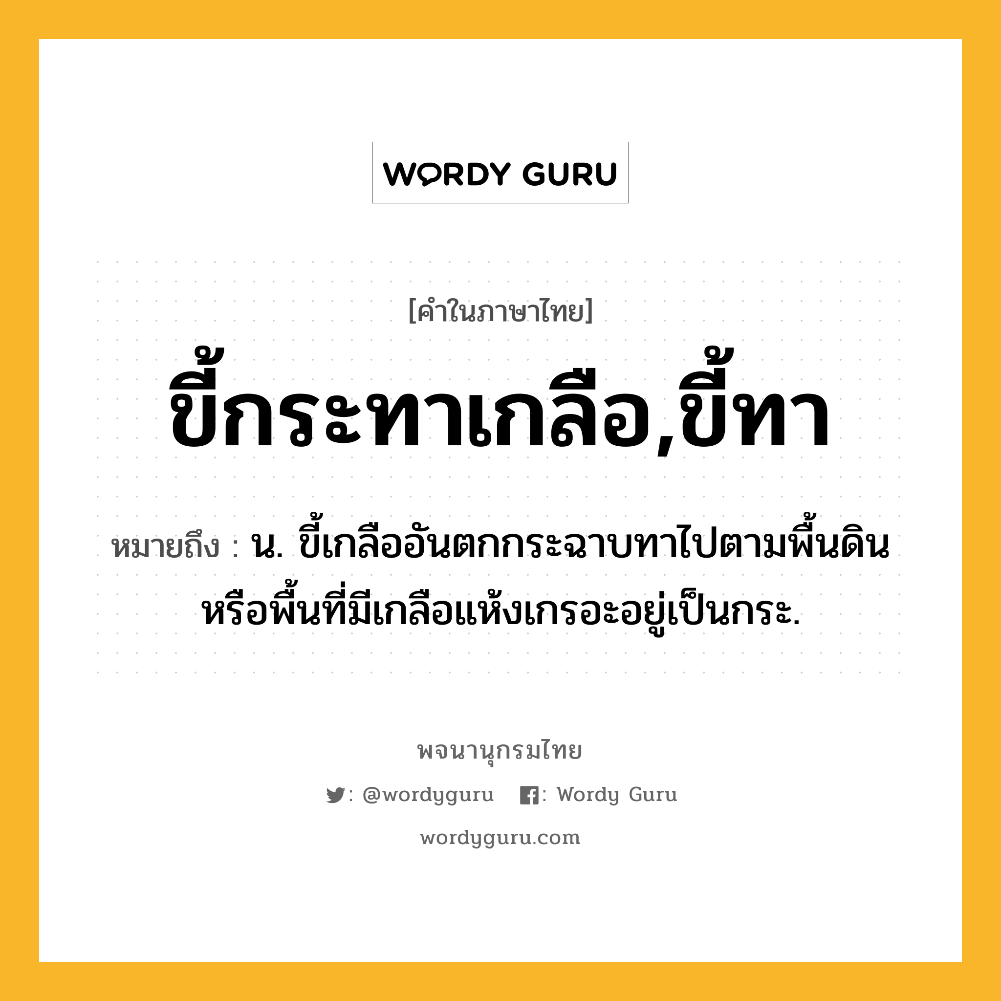 ขี้กระทาเกลือ,ขี้ทา ความหมาย หมายถึงอะไร?, คำในภาษาไทย ขี้กระทาเกลือ,ขี้ทา หมายถึง น. ขี้เกลืออันตกกระฉาบทาไปตามพื้นดิน หรือพื้นที่มีเกลือแห้งเกรอะอยู่เป็นกระ.