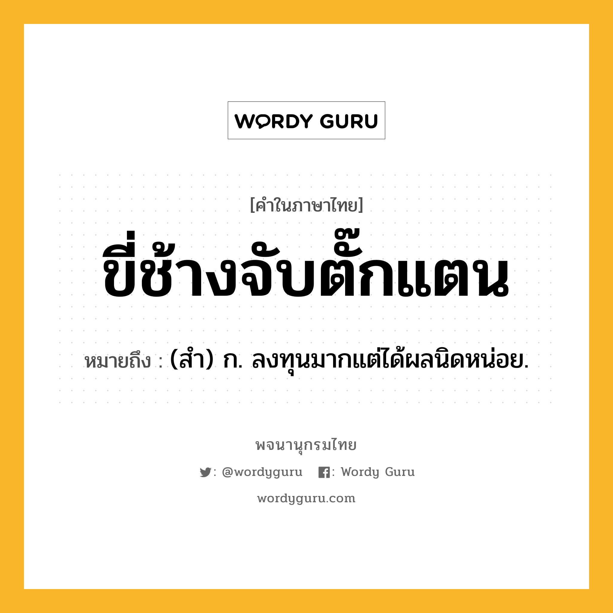 ขี่ช้างจับตั๊กแตน ความหมาย หมายถึงอะไร?, คำในภาษาไทย ขี่ช้างจับตั๊กแตน หมายถึง (สํา) ก. ลงทุนมากแต่ได้ผลนิดหน่อย.