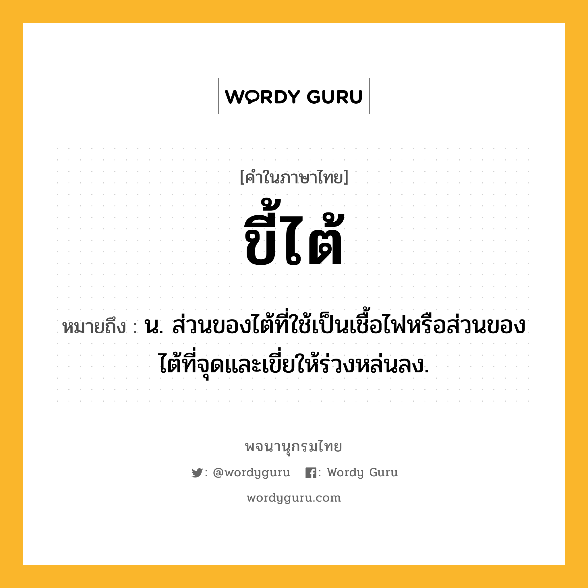 ขี้ไต้ ความหมาย หมายถึงอะไร?, คำในภาษาไทย ขี้ไต้ หมายถึง น. ส่วนของไต้ที่ใช้เป็นเชื้อไฟหรือส่วนของไต้ที่จุดและเขี่ยให้ร่วงหล่นลง.