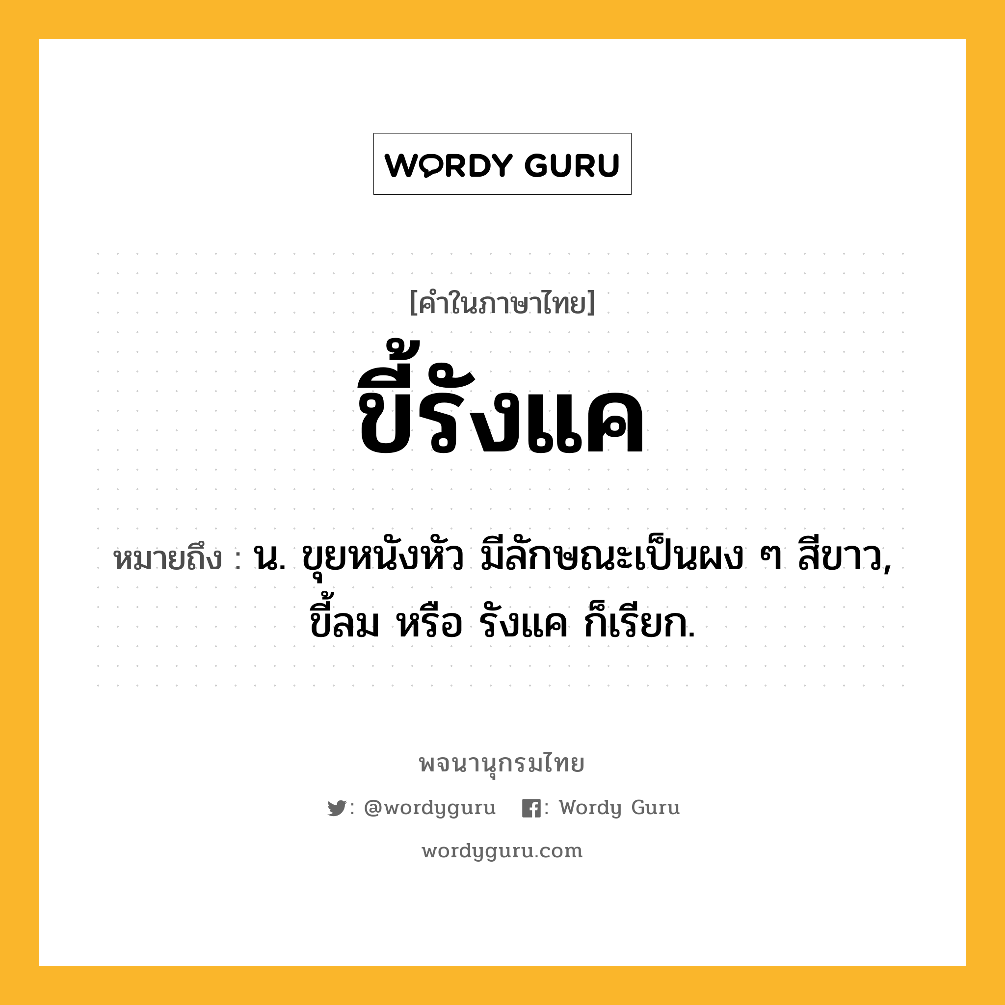 ขี้รังแค ความหมาย หมายถึงอะไร?, คำในภาษาไทย ขี้รังแค หมายถึง น. ขุยหนังหัว มีลักษณะเป็นผง ๆ สีขาว, ขี้ลม หรือ รังแค ก็เรียก.