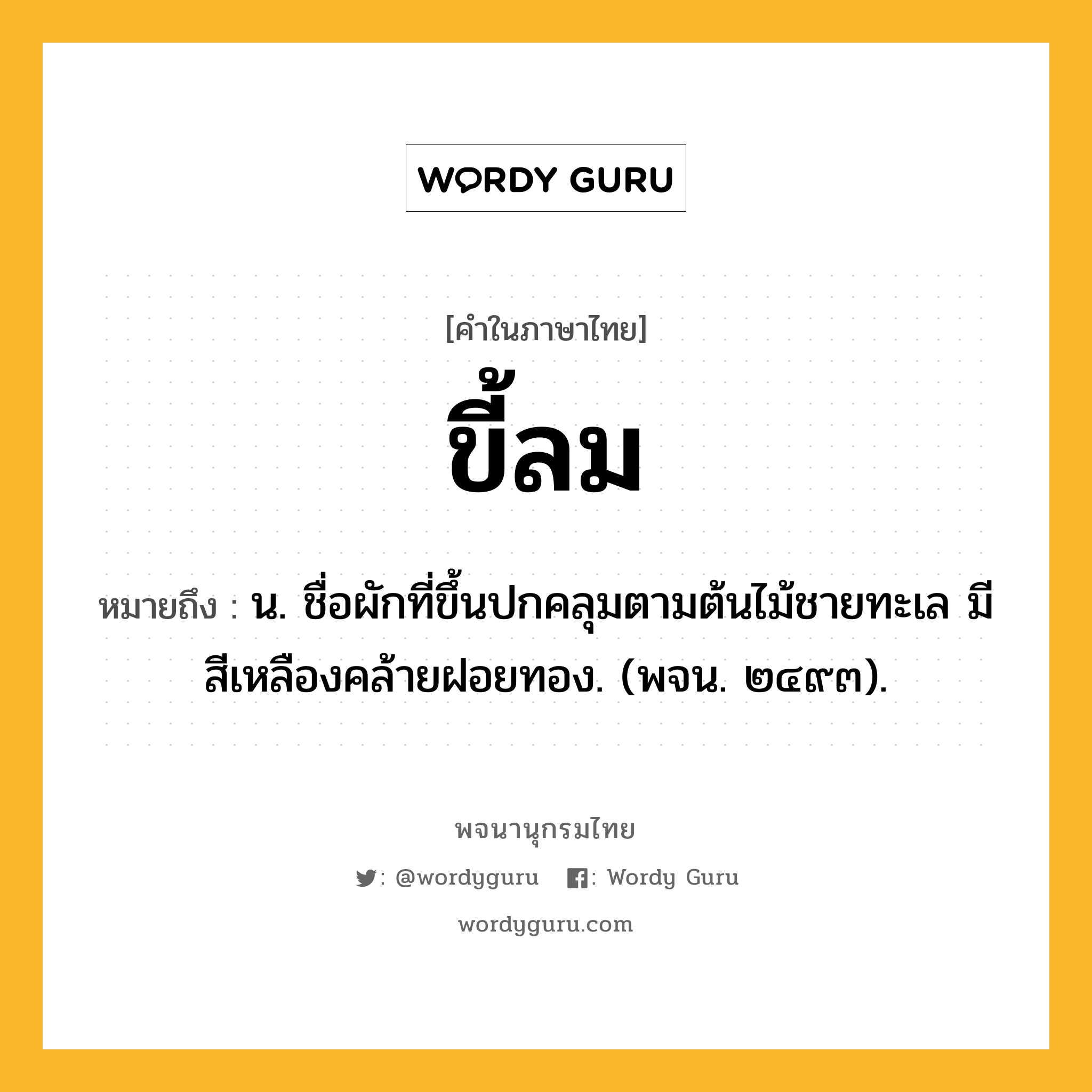 ขี้ลม ความหมาย หมายถึงอะไร?, คำในภาษาไทย ขี้ลม หมายถึง น. ชื่อผักที่ขึ้นปกคลุมตามต้นไม้ชายทะเล มีสีเหลืองคล้ายฝอยทอง. (พจน. ๒๔๙๓).