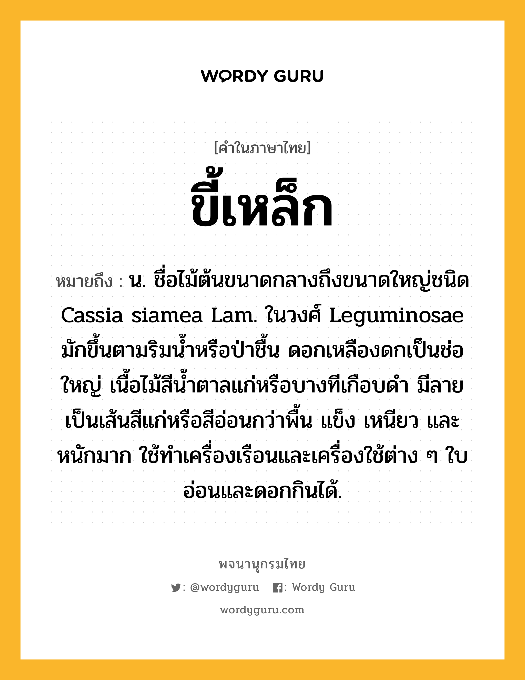 ขี้เหล็ก ความหมาย หมายถึงอะไร?, คำในภาษาไทย ขี้เหล็ก หมายถึง น. ชื่อไม้ต้นขนาดกลางถึงขนาดใหญ่ชนิด Cassia siamea Lam. ในวงศ์ Leguminosae มักขึ้นตามริมนํ้าหรือป่าชื้น ดอกเหลืองดกเป็นช่อใหญ่ เนื้อไม้สีนํ้าตาลแก่หรือบางทีเกือบดํา มีลายเป็นเส้นสีแก่หรือสีอ่อนกว่าพื้น แข็ง เหนียว และหนักมาก ใช้ทําเครื่องเรือนและเครื่องใช้ต่าง ๆ ใบอ่อนและดอกกินได้.