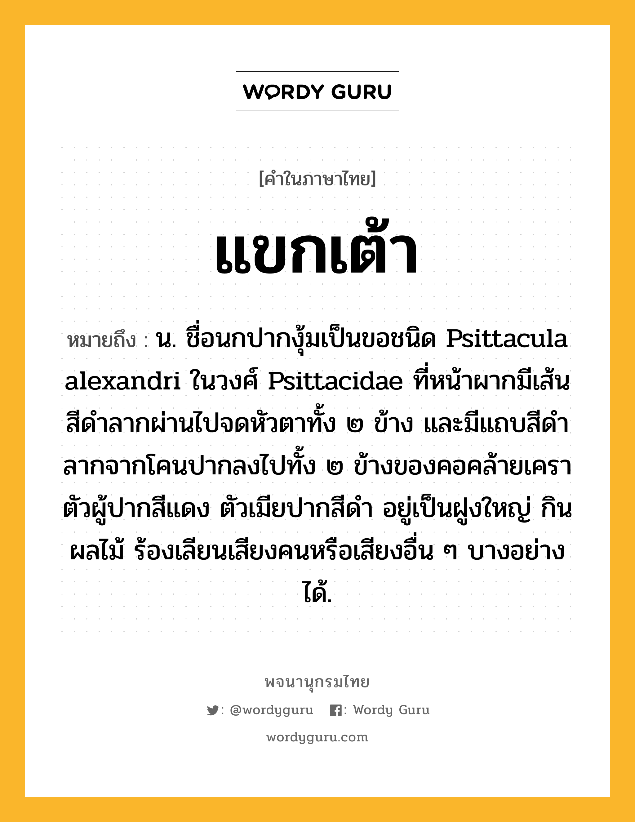 แขกเต้า ความหมาย หมายถึงอะไร?, คำในภาษาไทย แขกเต้า หมายถึง น. ชื่อนกปากงุ้มเป็นขอชนิด Psittacula alexandri ในวงศ์ Psittacidae ที่หน้าผากมีเส้นสีดําลากผ่านไปจดหัวตาทั้ง ๒ ข้าง และมีแถบสีดําลากจากโคนปากลงไปทั้ง ๒ ข้างของคอคล้ายเคราตัวผู้ปากสีแดง ตัวเมียปากสีดํา อยู่เป็นฝูงใหญ่ กินผลไม้ ร้องเลียนเสียงคนหรือเสียงอื่น ๆ บางอย่างได้.