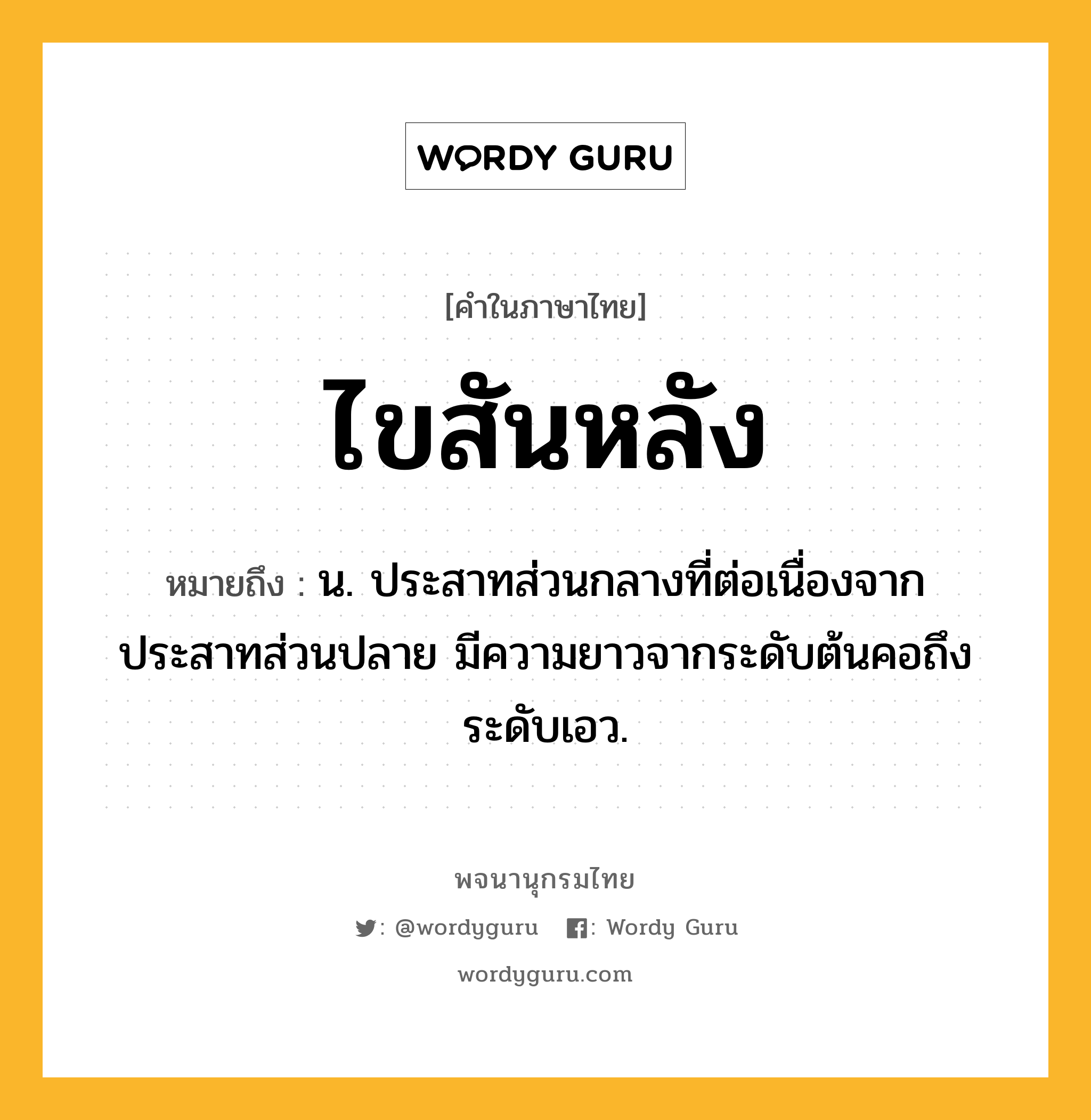 ไขสันหลัง ความหมาย หมายถึงอะไร?, คำในภาษาไทย ไขสันหลัง หมายถึง น. ประสาทส่วนกลางที่ต่อเนื่องจากประสาทส่วนปลาย มีความยาวจากระดับต้นคอถึงระดับเอว.