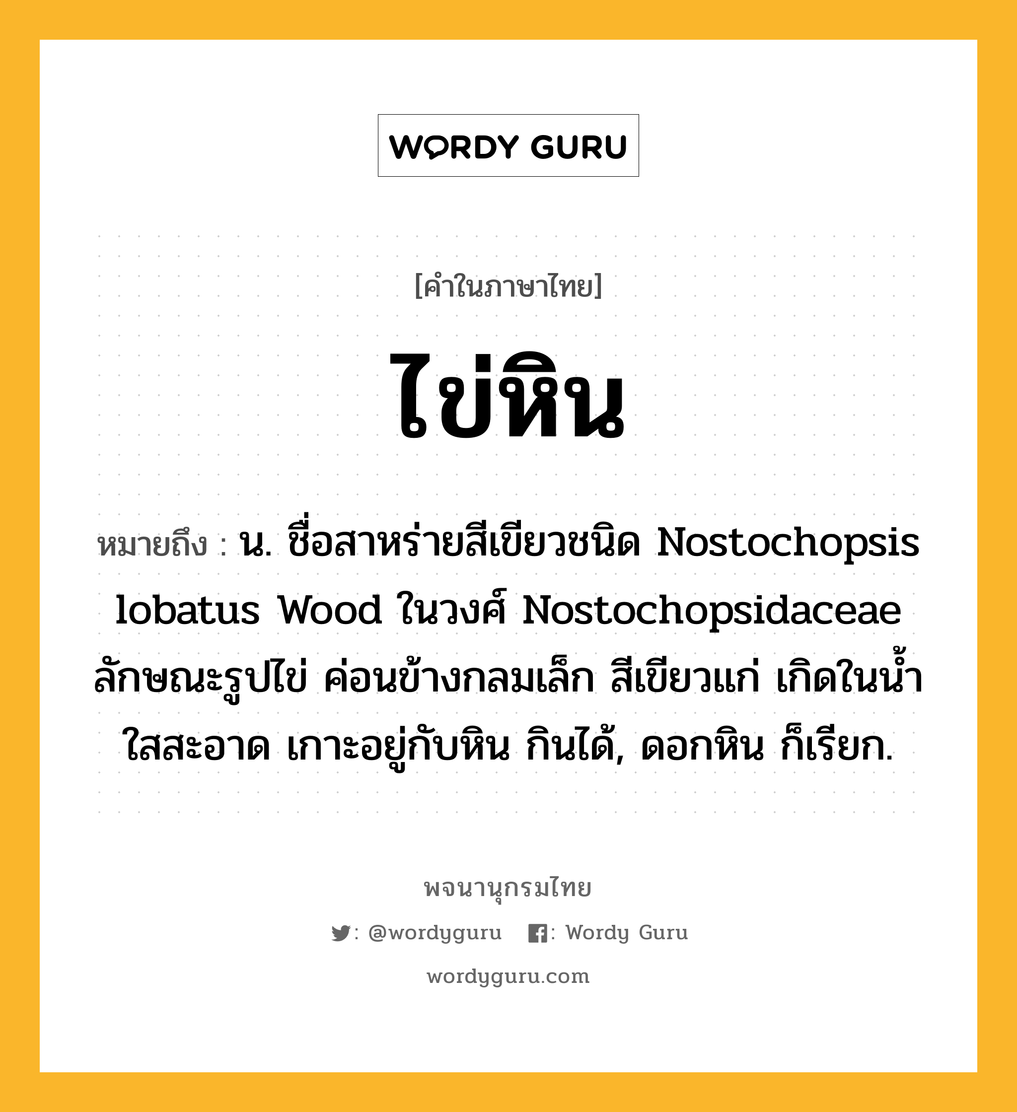 ไข่หิน ความหมาย หมายถึงอะไร?, คำในภาษาไทย ไข่หิน หมายถึง น. ชื่อสาหร่ายสีเขียวชนิด Nostochopsis lobatus Wood ในวงศ์ Nostochopsidaceae ลักษณะรูปไข่ ค่อนข้างกลมเล็ก สีเขียวแก่ เกิดในนํ้าใสสะอาด เกาะอยู่กับหิน กินได้, ดอกหิน ก็เรียก.