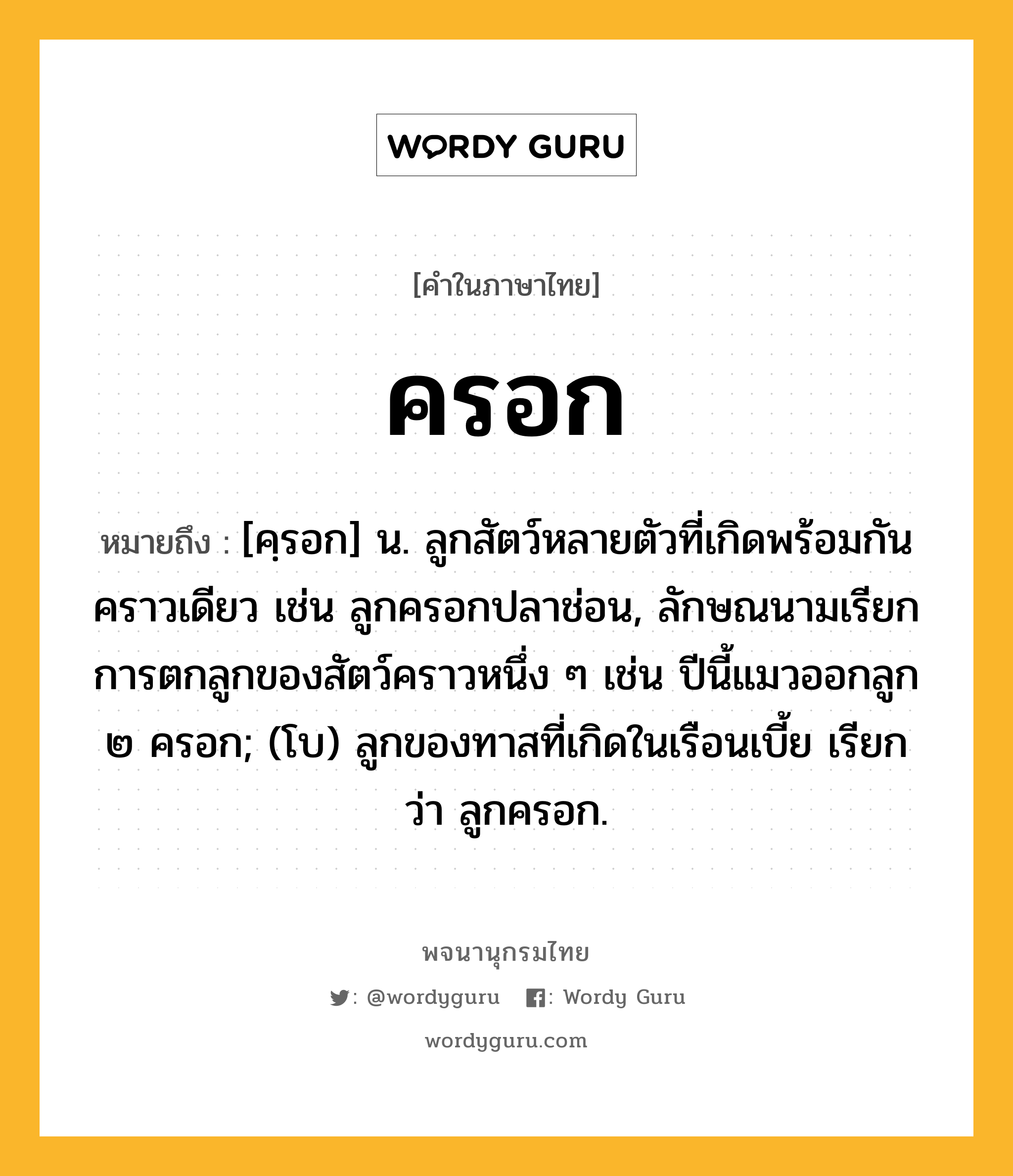 ครอก ความหมาย หมายถึงอะไร?, คำในภาษาไทย ครอก หมายถึง [คฺรอก] น. ลูกสัตว์หลายตัวที่เกิดพร้อมกันคราวเดียว เช่น ลูกครอกปลาช่อน, ลักษณนามเรียกการตกลูกของสัตว์คราวหนึ่ง ๆ เช่น ปีนี้แมวออกลูก ๒ ครอก; (โบ) ลูกของทาสที่เกิดในเรือนเบี้ย เรียกว่า ลูกครอก.