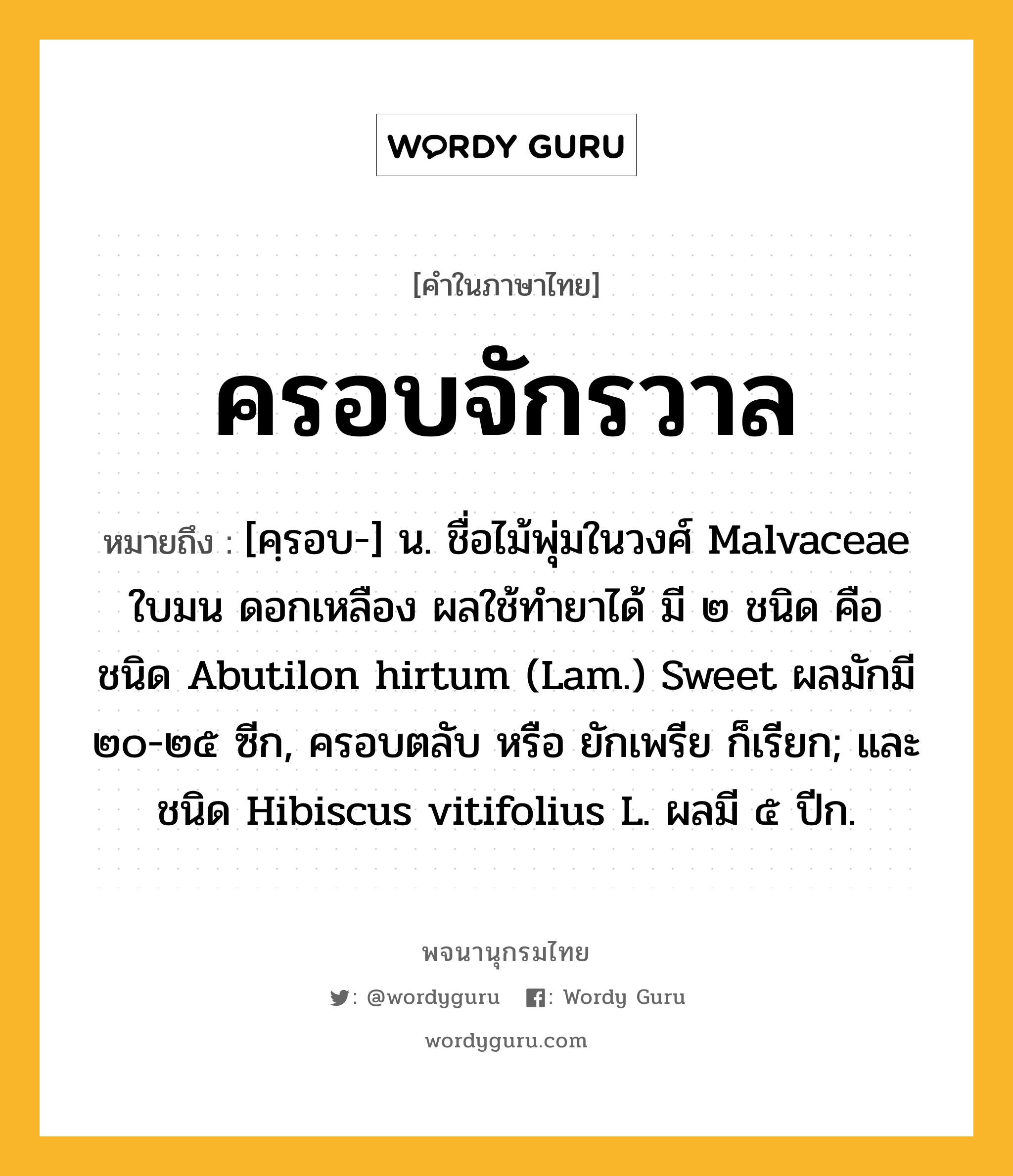 ครอบจักรวาล ความหมาย หมายถึงอะไร?, คำในภาษาไทย ครอบจักรวาล หมายถึง [คฺรอบ-] น. ชื่อไม้พุ่มในวงศ์ Malvaceae ใบมน ดอกเหลือง ผลใช้ทํายาได้ มี ๒ ชนิด คือ ชนิด Abutilon hirtum (Lam.) Sweet ผลมักมี ๒๐-๒๕ ซีก, ครอบตลับ หรือ ยักเพรีย ก็เรียก; และชนิด Hibiscus vitifolius L. ผลมี ๕ ปีก.