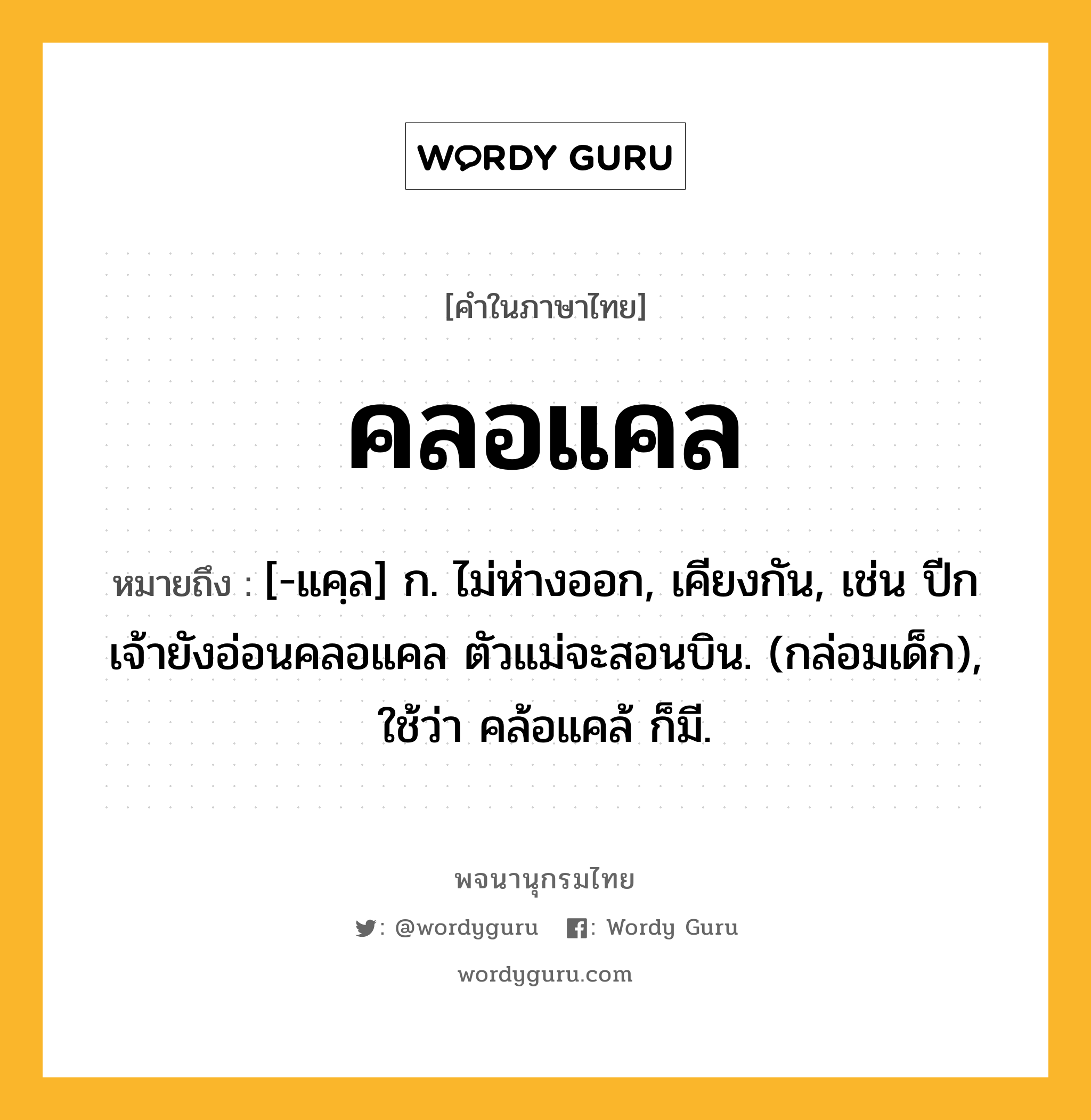 คลอแคล ความหมาย หมายถึงอะไร?, คำในภาษาไทย คลอแคล หมายถึง [-แคฺล] ก. ไม่ห่างออก, เคียงกัน, เช่น ปีกเจ้ายังอ่อนคลอแคล ตัวแม่จะสอนบิน. (กล่อมเด็ก), ใช้ว่า คล้อแคล้ ก็มี.