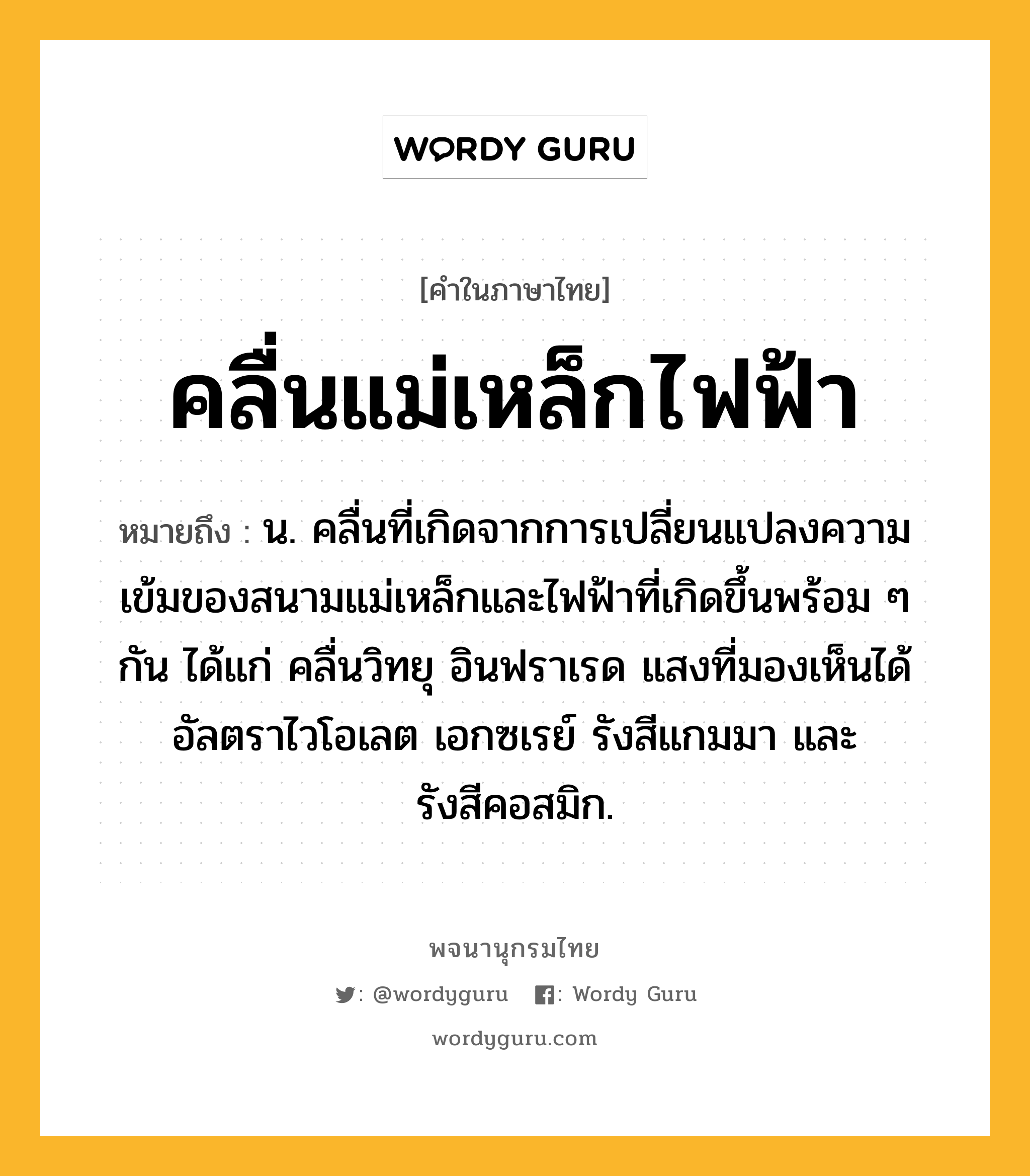 คลื่นแม่เหล็กไฟฟ้า ความหมาย หมายถึงอะไร?, คำในภาษาไทย คลื่นแม่เหล็กไฟฟ้า หมายถึง น. คลื่นที่เกิดจากการเปลี่ยนแปลงความเข้มของสนามแม่เหล็กและไฟฟ้าที่เกิดขึ้นพร้อม ๆ กัน ได้แก่ คลื่นวิทยุ อินฟราเรด แสงที่มองเห็นได้ อัลตราไวโอเลต เอกซเรย์ รังสีแกมมา และ รังสีคอสมิก.