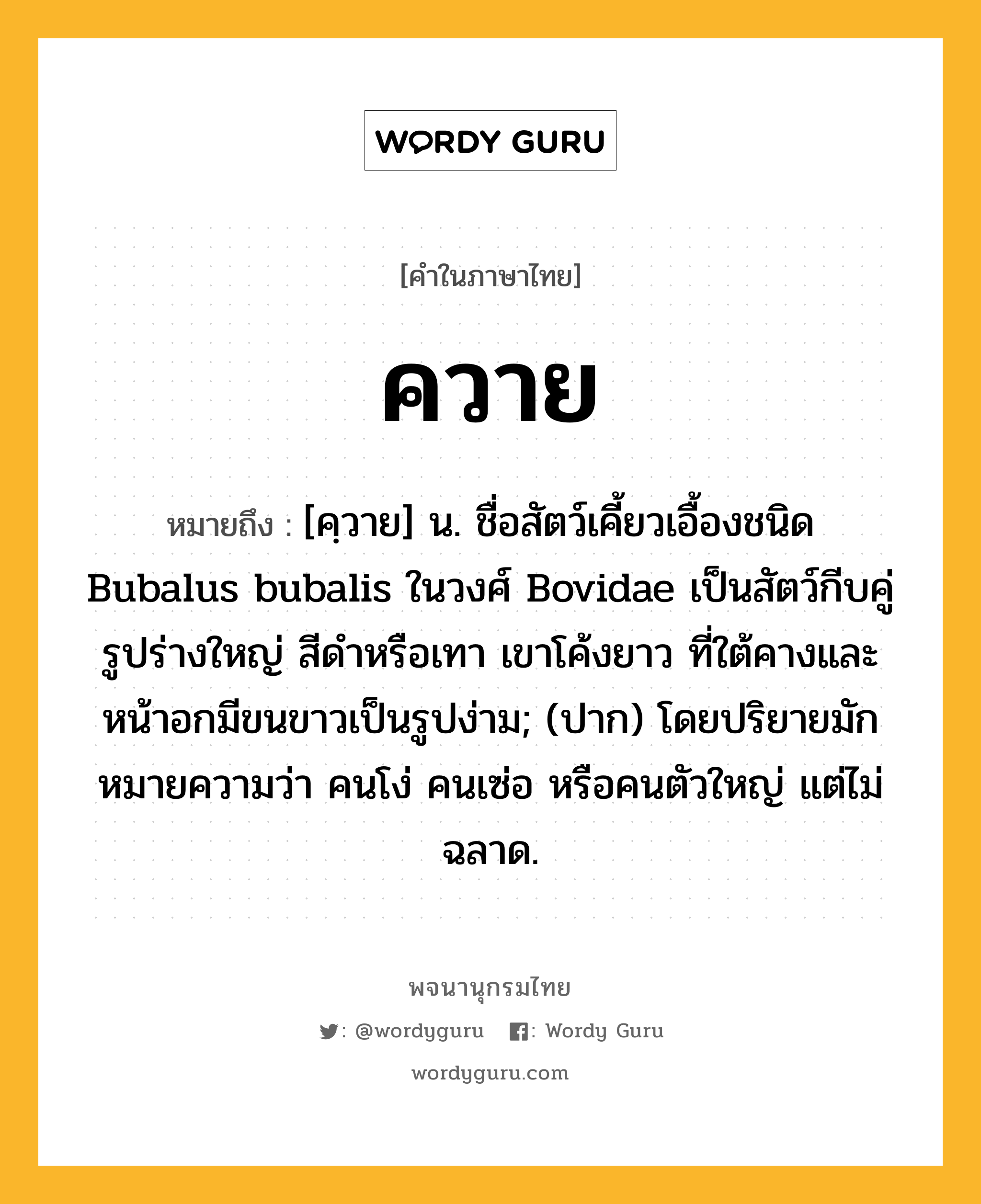 ควาย ความหมาย หมายถึงอะไร?, คำในภาษาไทย ควาย หมายถึง [คฺวาย] น. ชื่อสัตว์เคี้ยวเอื้องชนิด Bubalus bubalis ในวงศ์ Bovidae เป็นสัตว์กีบคู่ รูปร่างใหญ่ สีดําหรือเทา เขาโค้งยาว ที่ใต้คางและหน้าอกมีขนขาวเป็นรูปง่าม; (ปาก) โดยปริยายมักหมายความว่า คนโง่ คนเซ่อ หรือคนตัวใหญ่ แต่ไม่ฉลาด.