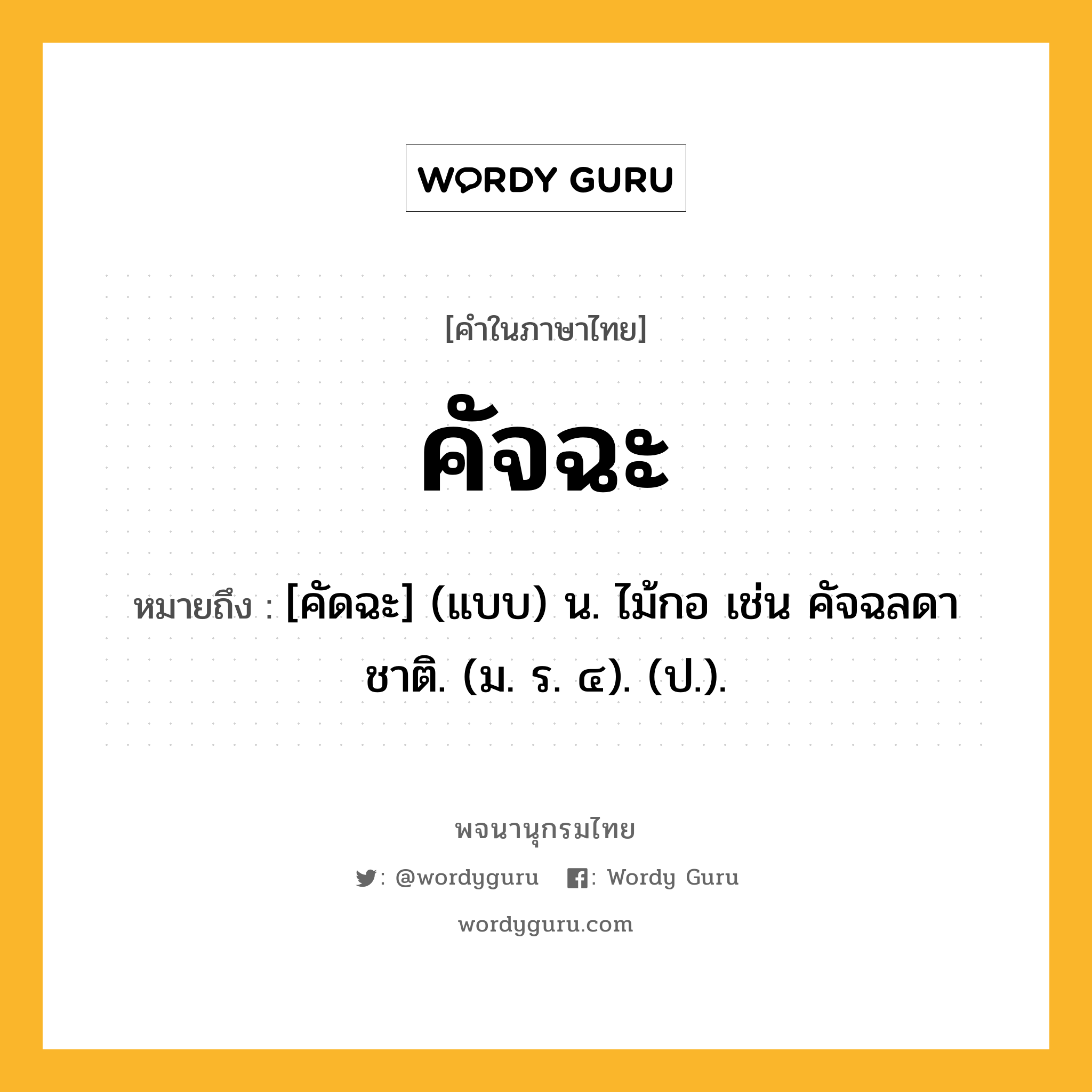 คัจฉะ ความหมาย หมายถึงอะไร?, คำในภาษาไทย คัจฉะ หมายถึง [คัดฉะ] (แบบ) น. ไม้กอ เช่น คัจฉลดาชาติ. (ม. ร. ๔). (ป.).